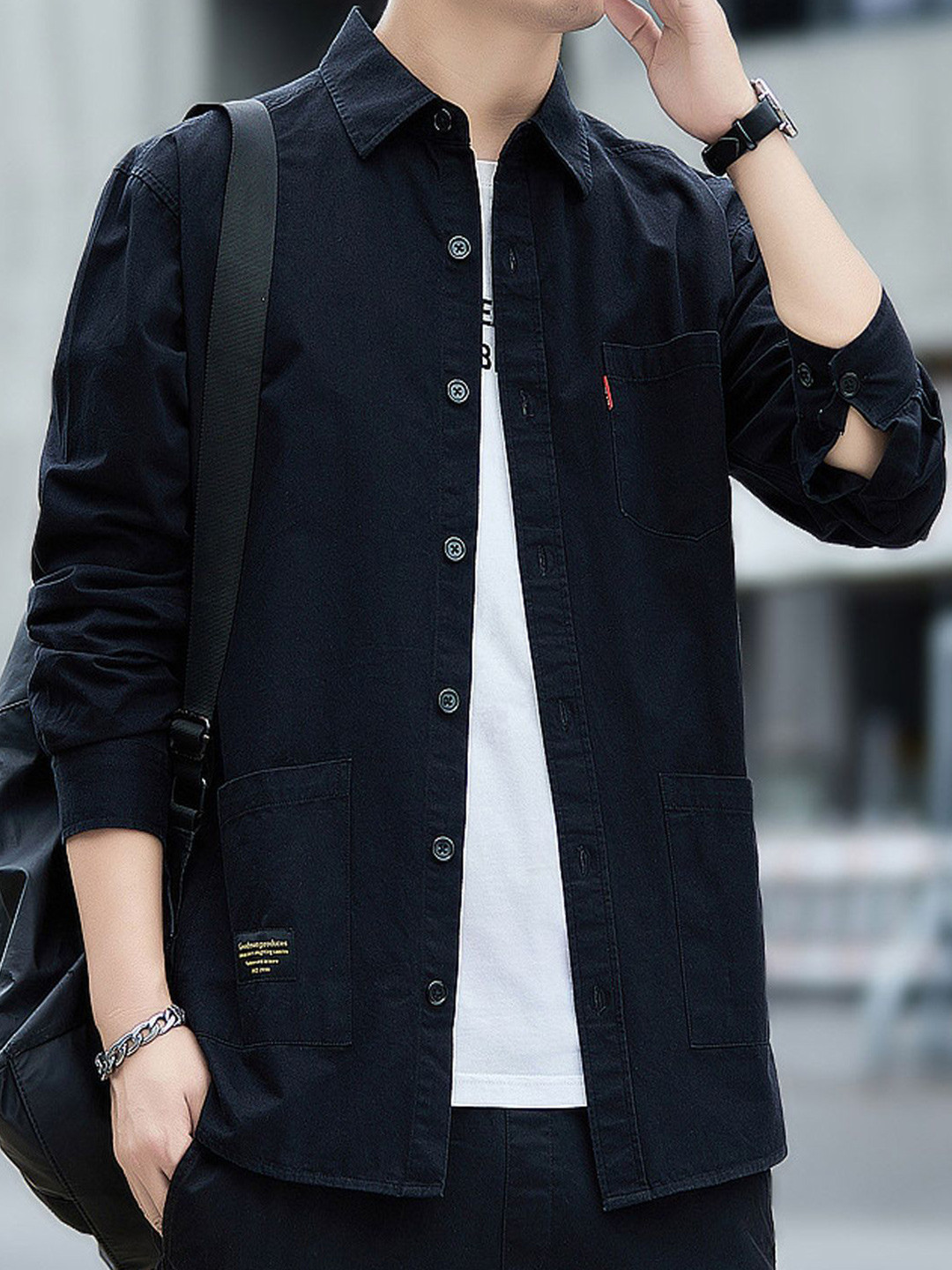 

StyleCast Men Spread Collar Solid Cotton Casual Shirt, Black