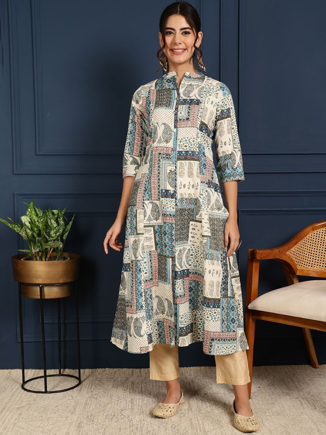 

GULMOHAR JAIPUR Ethnic Motifs Printed Mandarin Collar A-Line Kurta, Blue