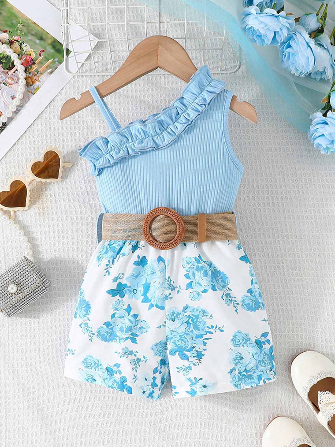 

INCLUD Girls Floral Printed Top with Trousers, Blue