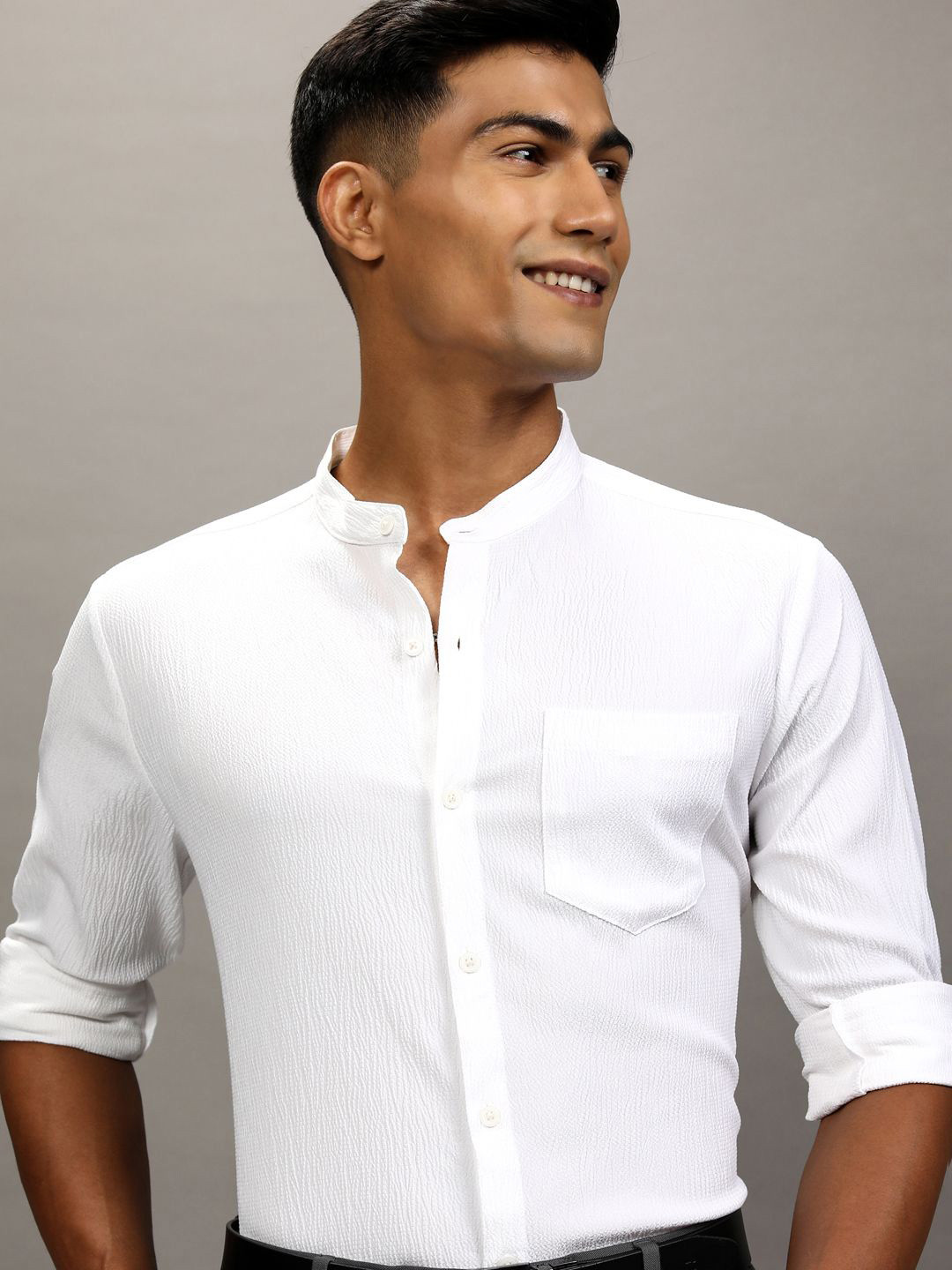 

Highlander Men Popcorn Textured Mandarin Collar Casual Shirt, White