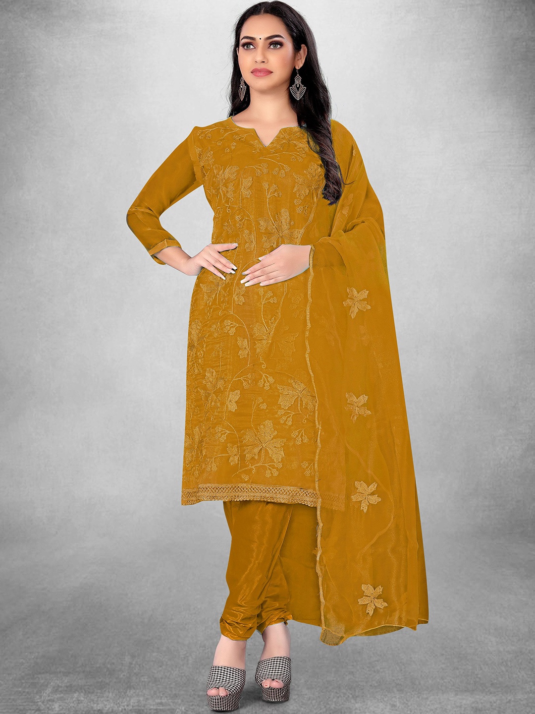 

Maroosh Embroidered Thread Work Organza Unstitched Dress Material, Mustard