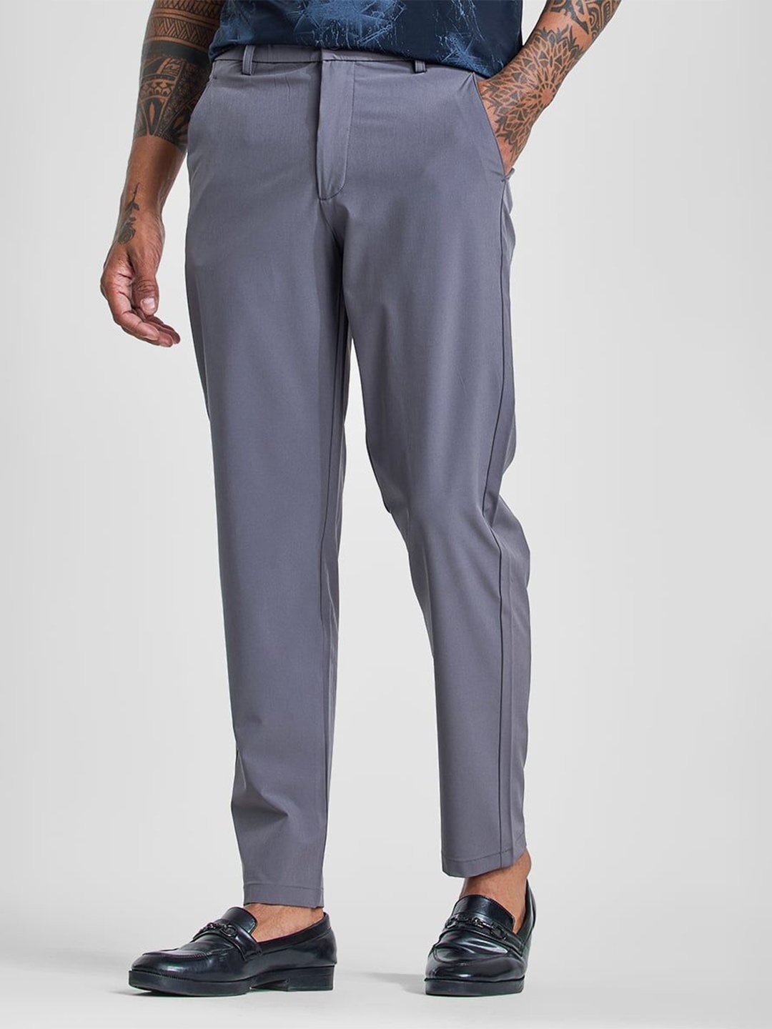 

Snitch Men Smart Slim Fit Regular Trousers, Grey