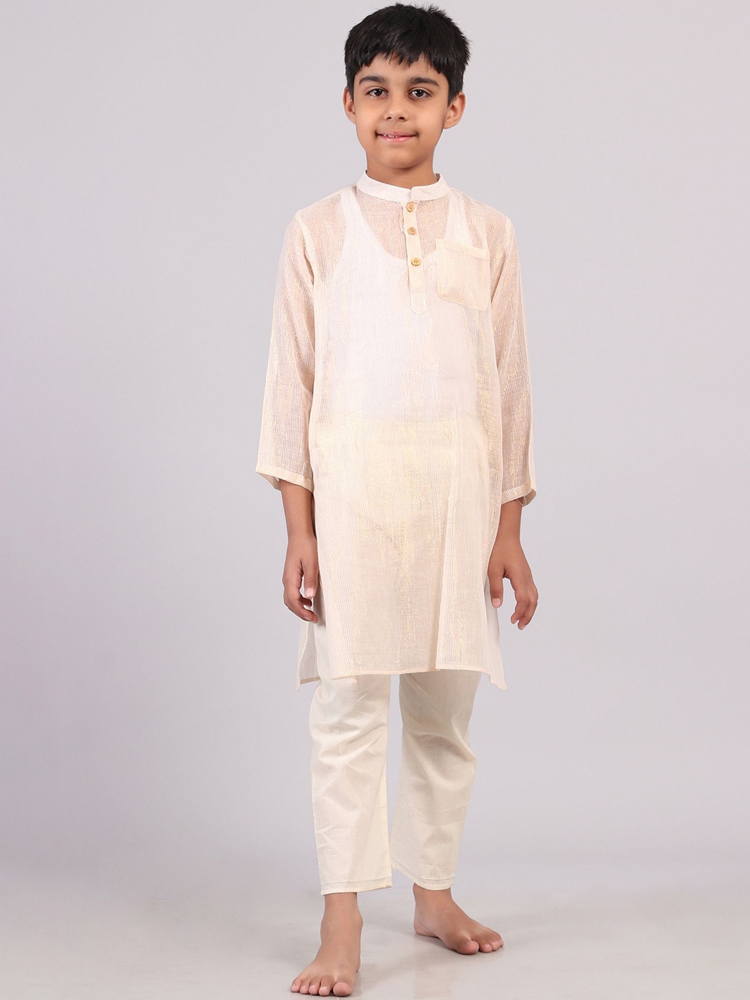 

TJORI Boys Striped Regular Pure Cotton Kurta with Pyjamas, Off white