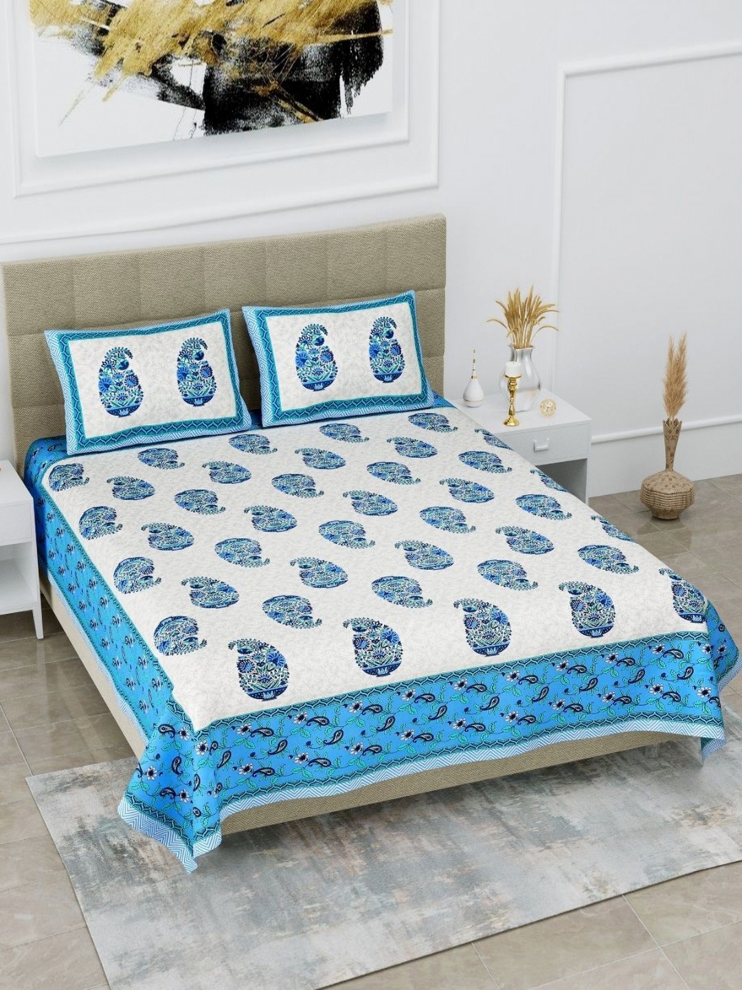 

HOMELINE Blue & White Ethnic Motifs Printed Cotton 180 TC King Bedsheet Set 2.74 x 2.54m