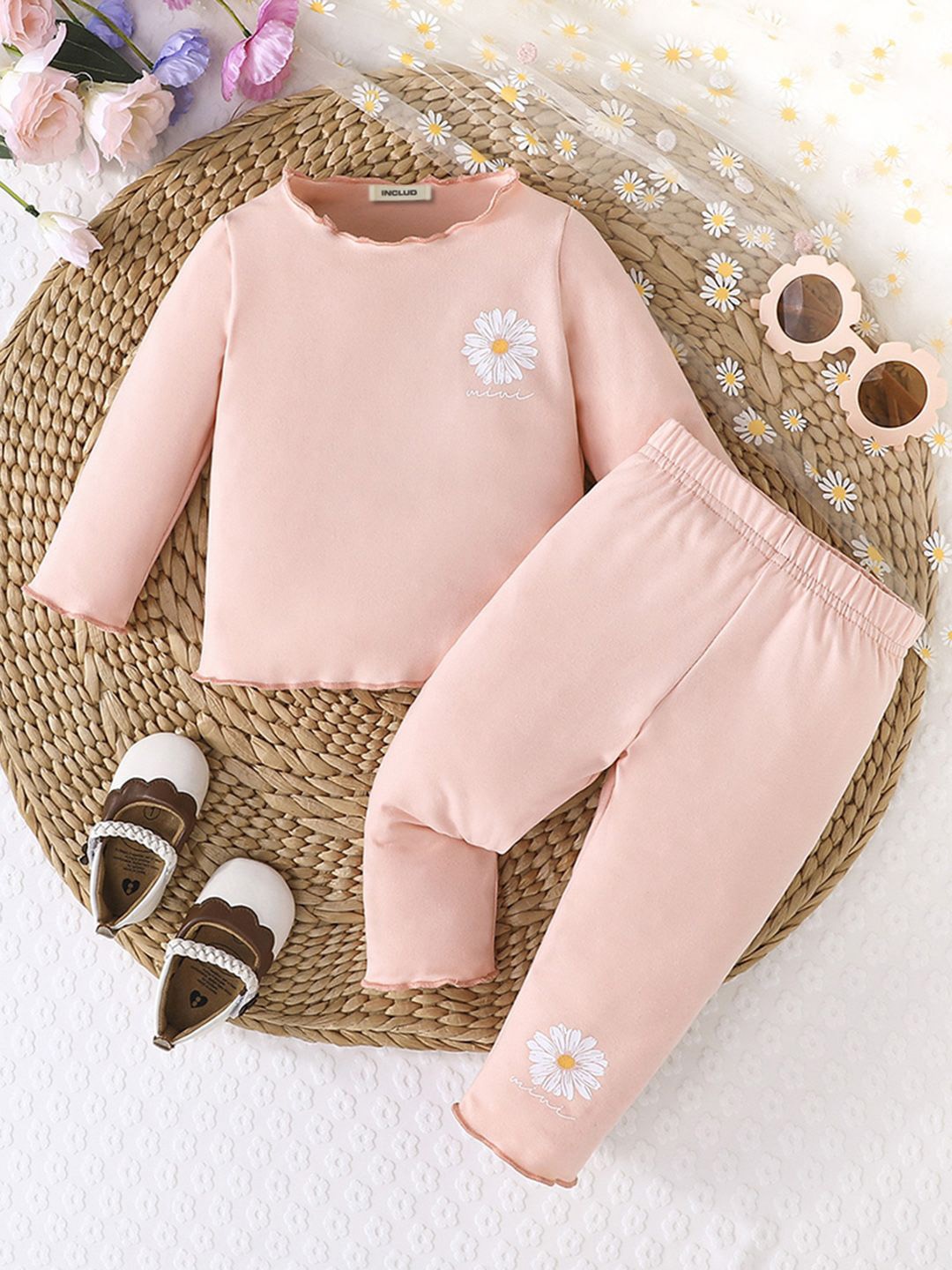 

INCLUD Girls Floral Printed Round Neck T-shirt With Trousers, Pink