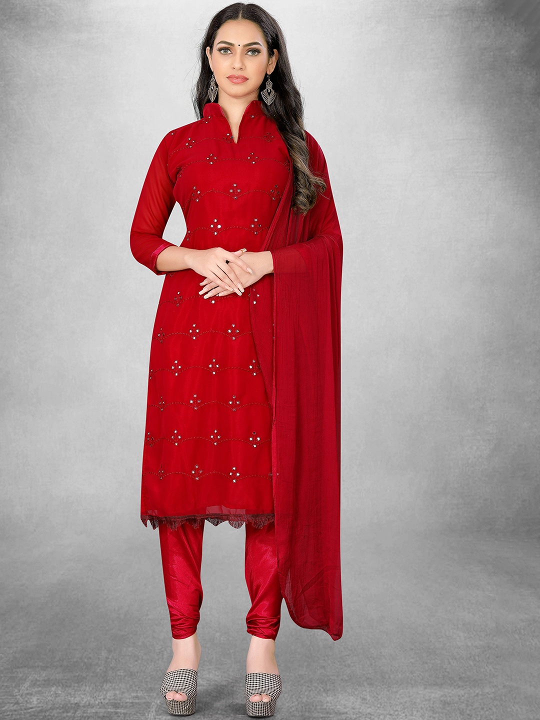 

Maroosh Embroidered Mirror Work Unstitched Dress Material, Red