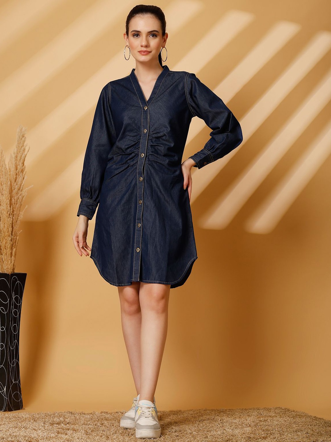 

plusS Women Gathered or Pleated Shirt Dress, Navy blue