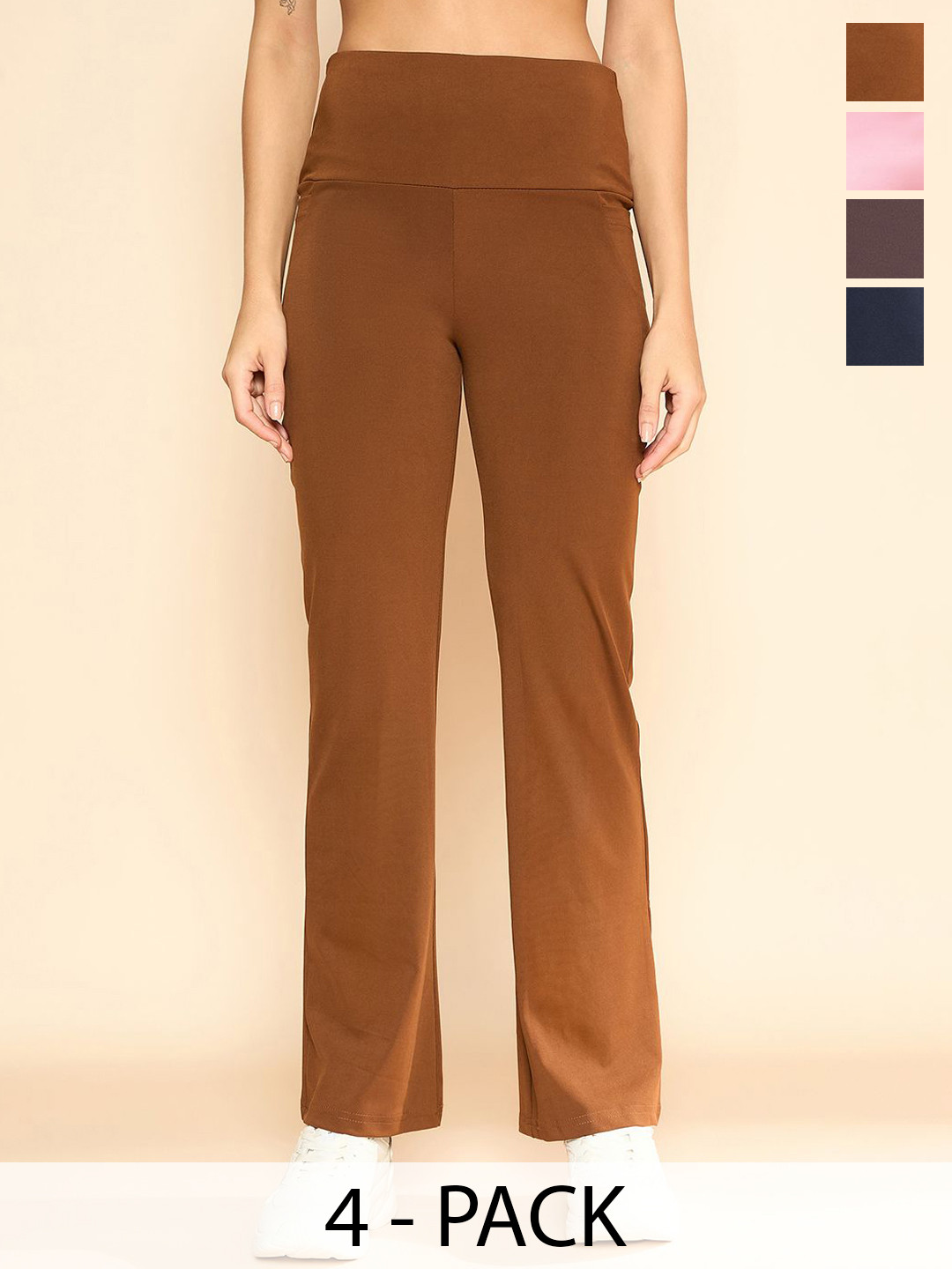 

COLOR CAPITAL Women Pack of 4 Ankle-Length Fly Dry Flared Gym Tights, Brown