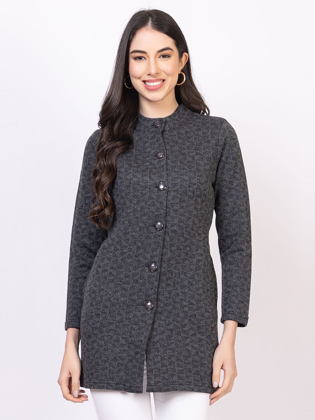 

KEIKO Women Self Design Longline Cardigan, Grey melange