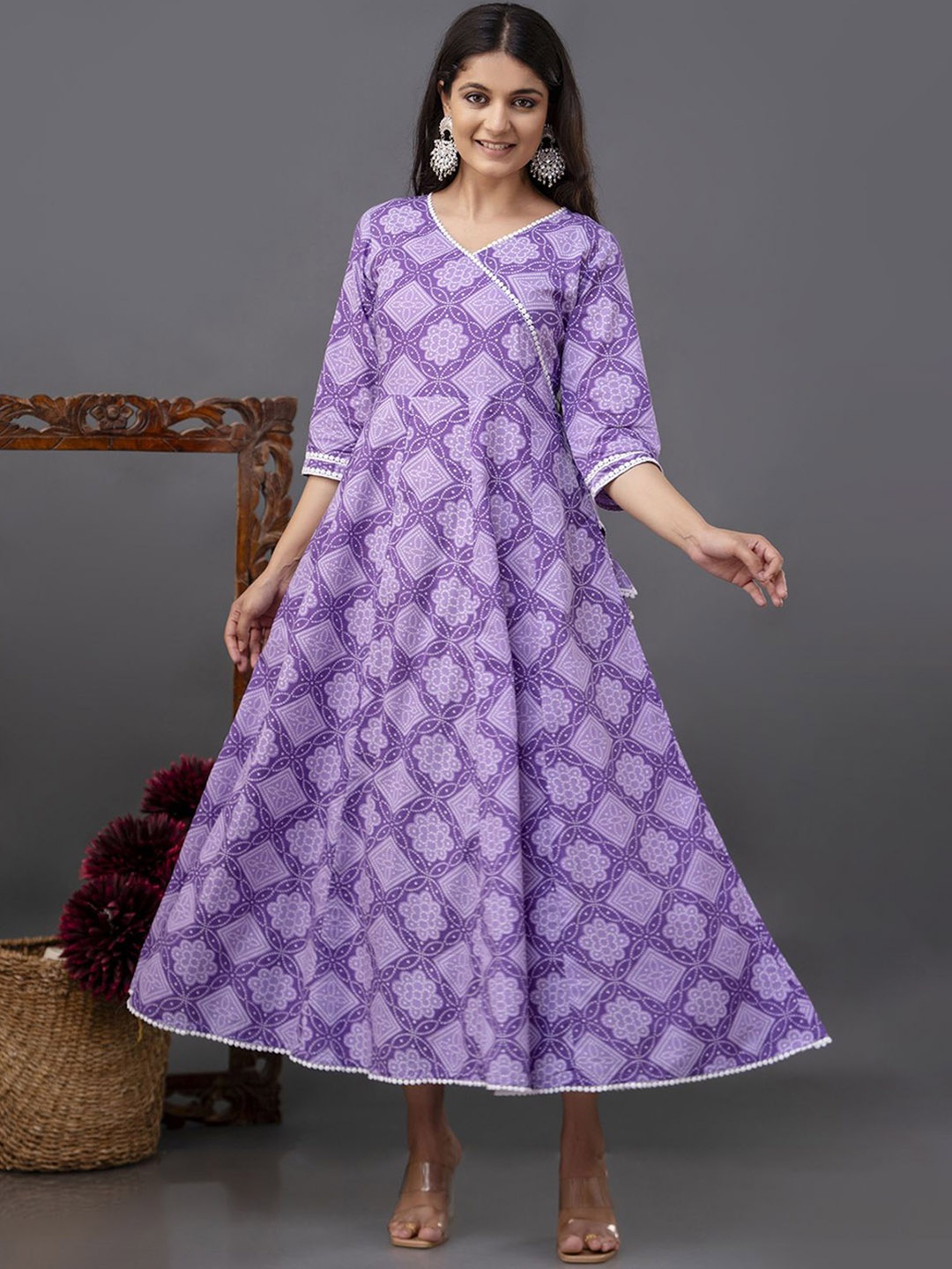 

NISHABD Ethnic Motifs Printed Angrakha Three Quarter Sleeves Cotton Anarkali Kurta, Purple