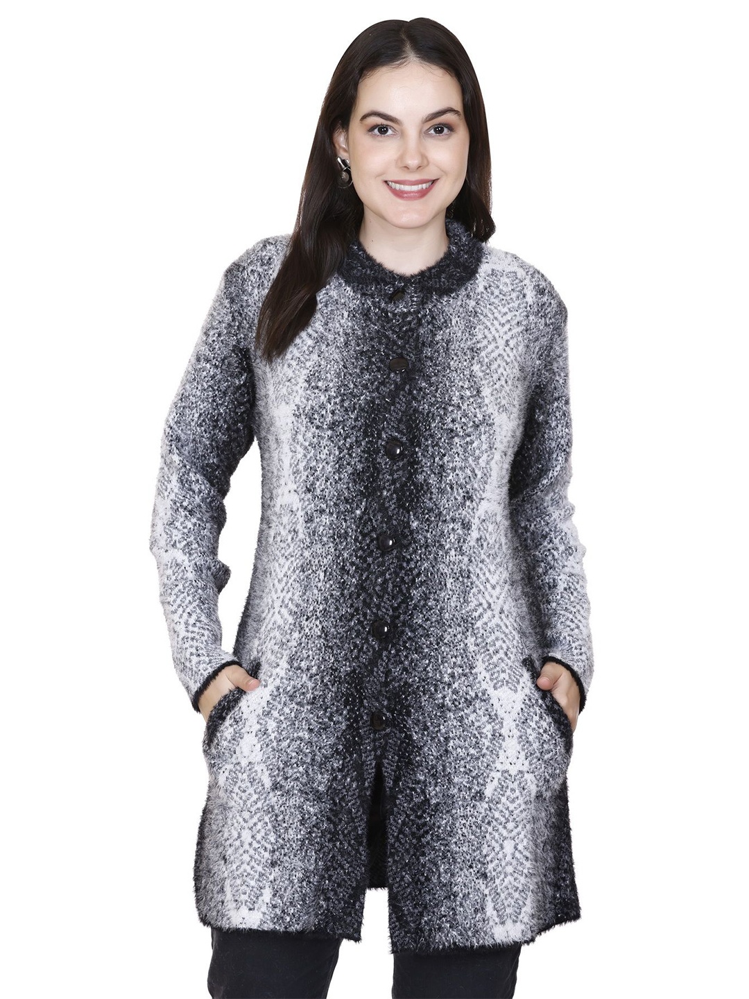 

SOSHAGUN OSWAL Women Printed Round Neck Woollen Cardigan, Beige
