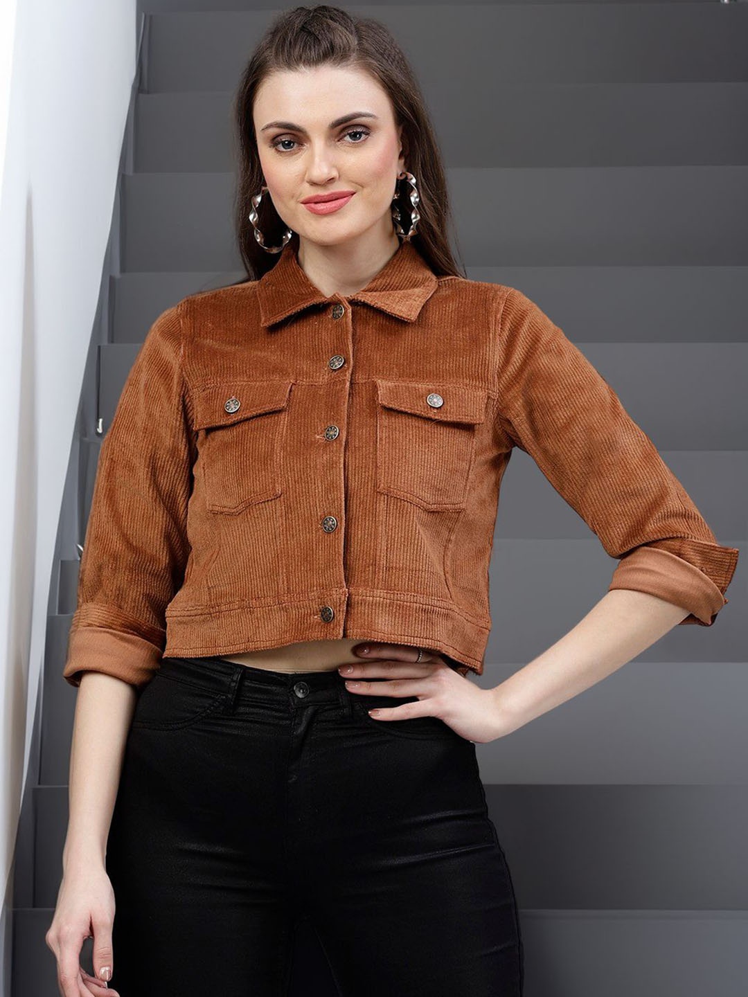 

STYLECAST X KASSUALLY Women Spread Collar Solid Cotton Casual Tailored Jacket, Brown