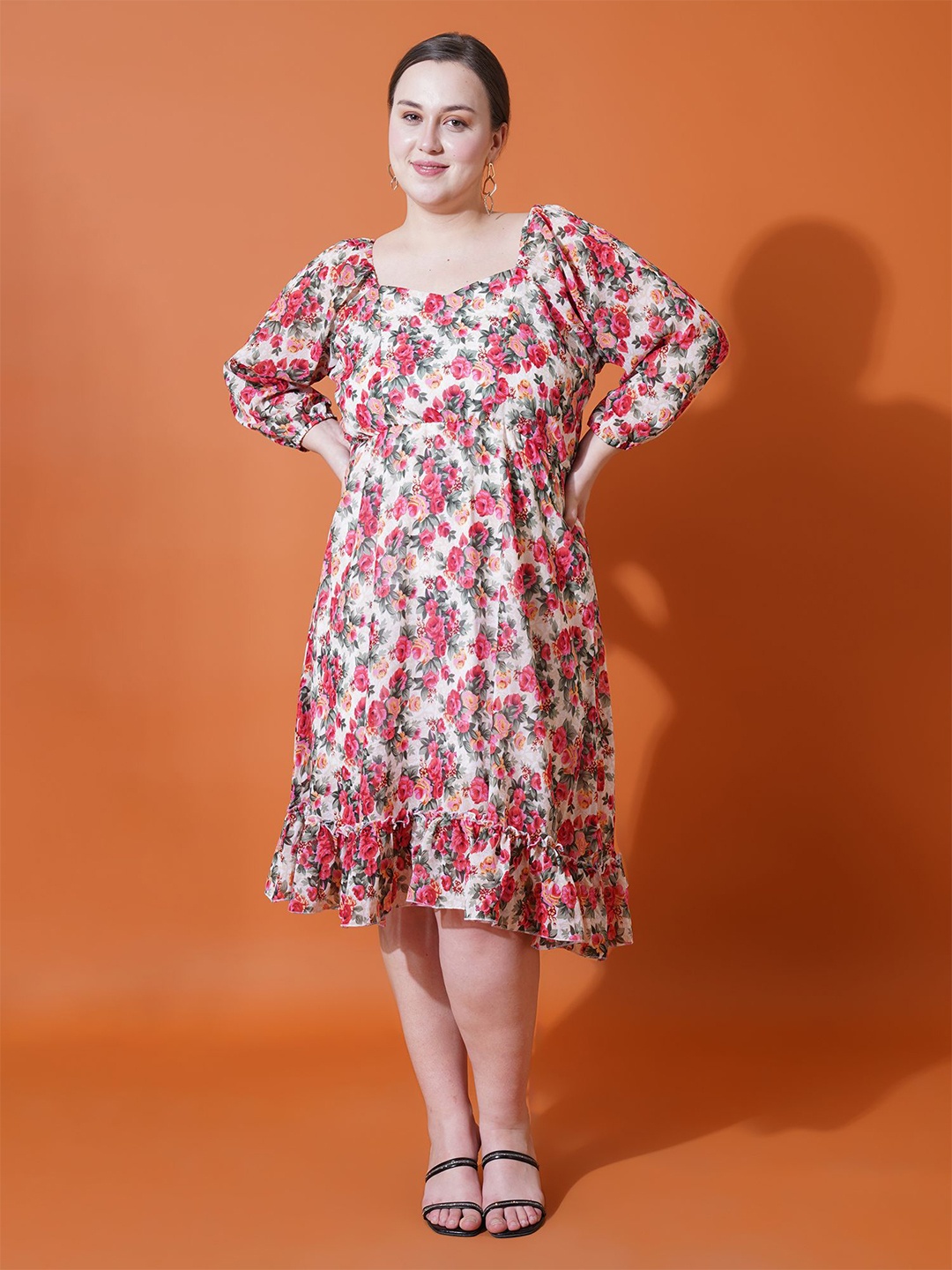 

U&F Beyond Women Floral Printed Puff Sleeves Fit & Flare Dress, Red