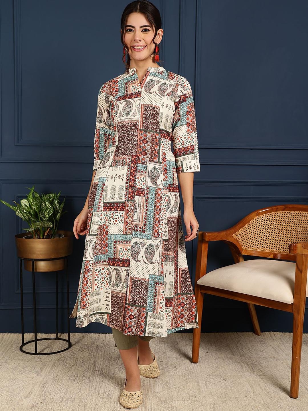 

GULMOHAR JAIPUR Geometric Printed Mandarin Collar A-Line Kurta, Maroon