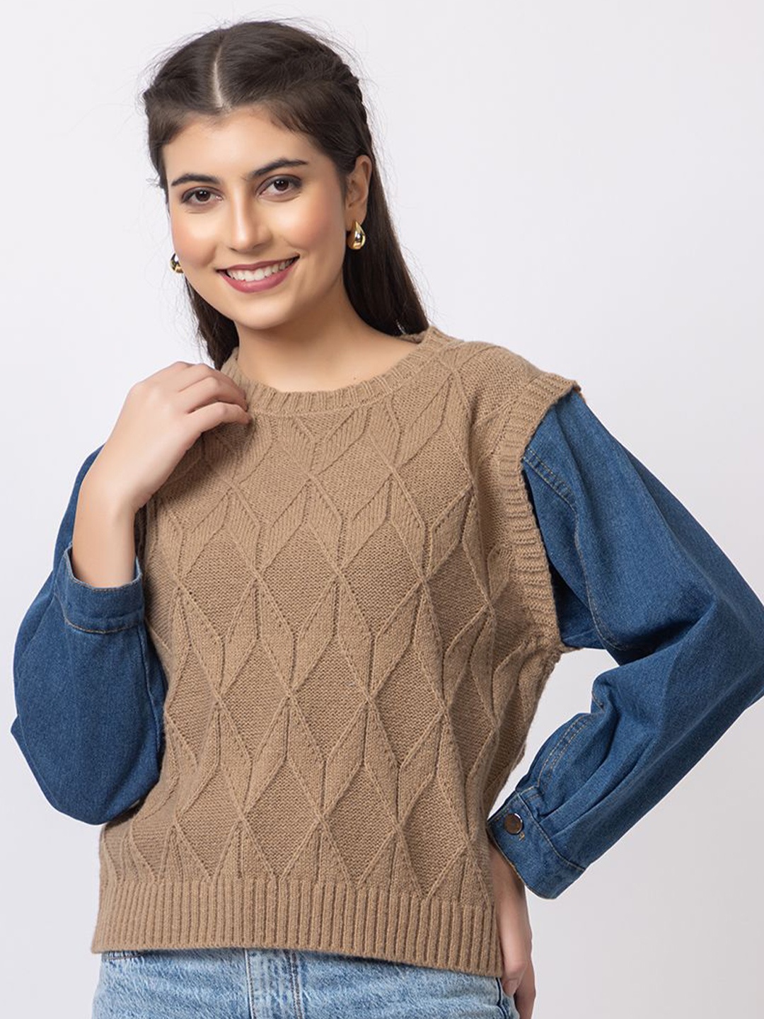

GFO Women Cable Knit Woollen Sweater Vest, Brown