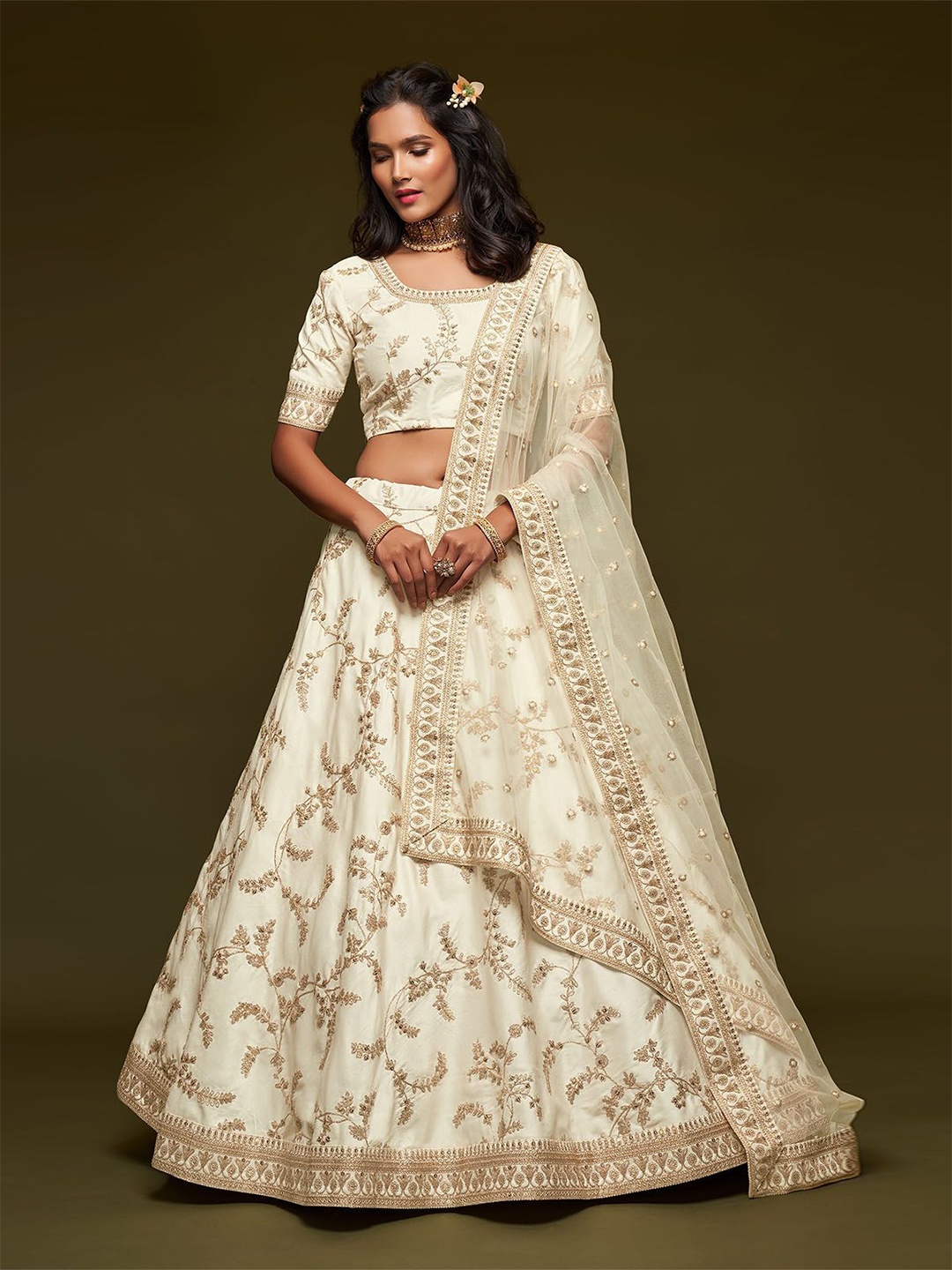 

ODETTE Embroidered Sequinned Semi-Stitched Lehenga & Unstitched Blouse With Dupatta, White