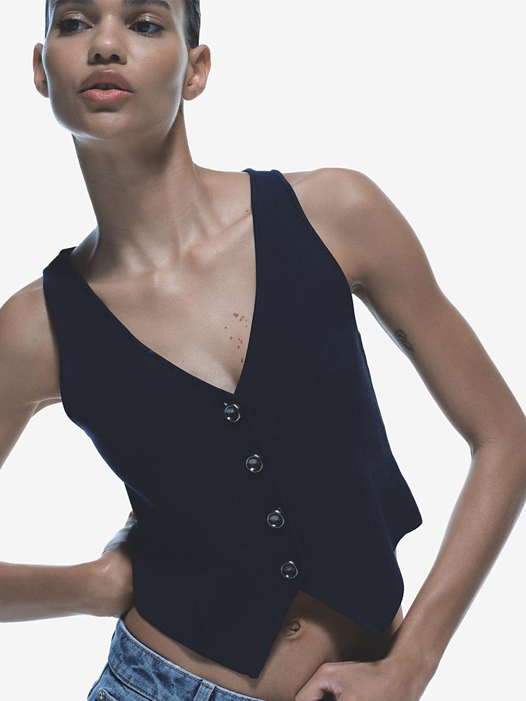 

LULU & SKY Women Solid Tailored Button-down Vest Crop Top, Blue