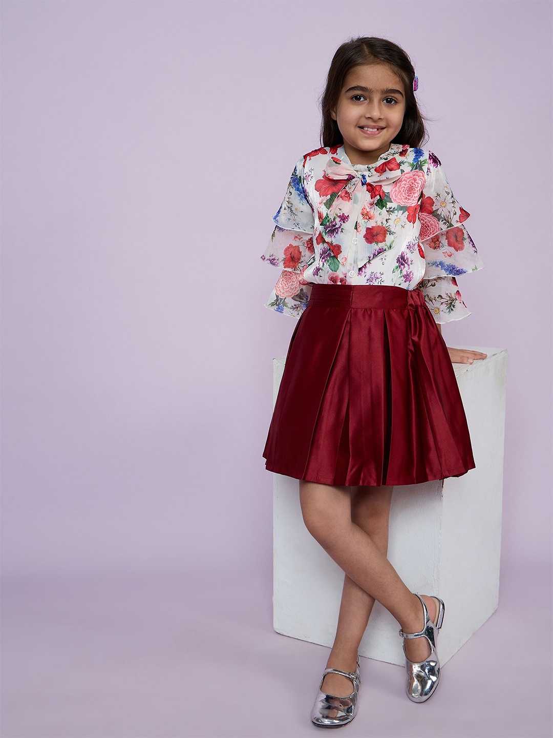 

Peppermint Girls Floral Printed Shirt Collar Top With Skirt, Maroon