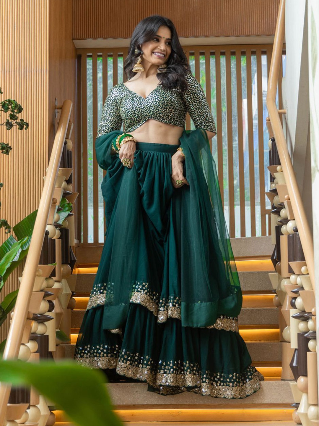 

FABPIXEL Embroidered Sequinned Semi-Stitched Lehenga & Unstitched Blouse With Dupatta, Green