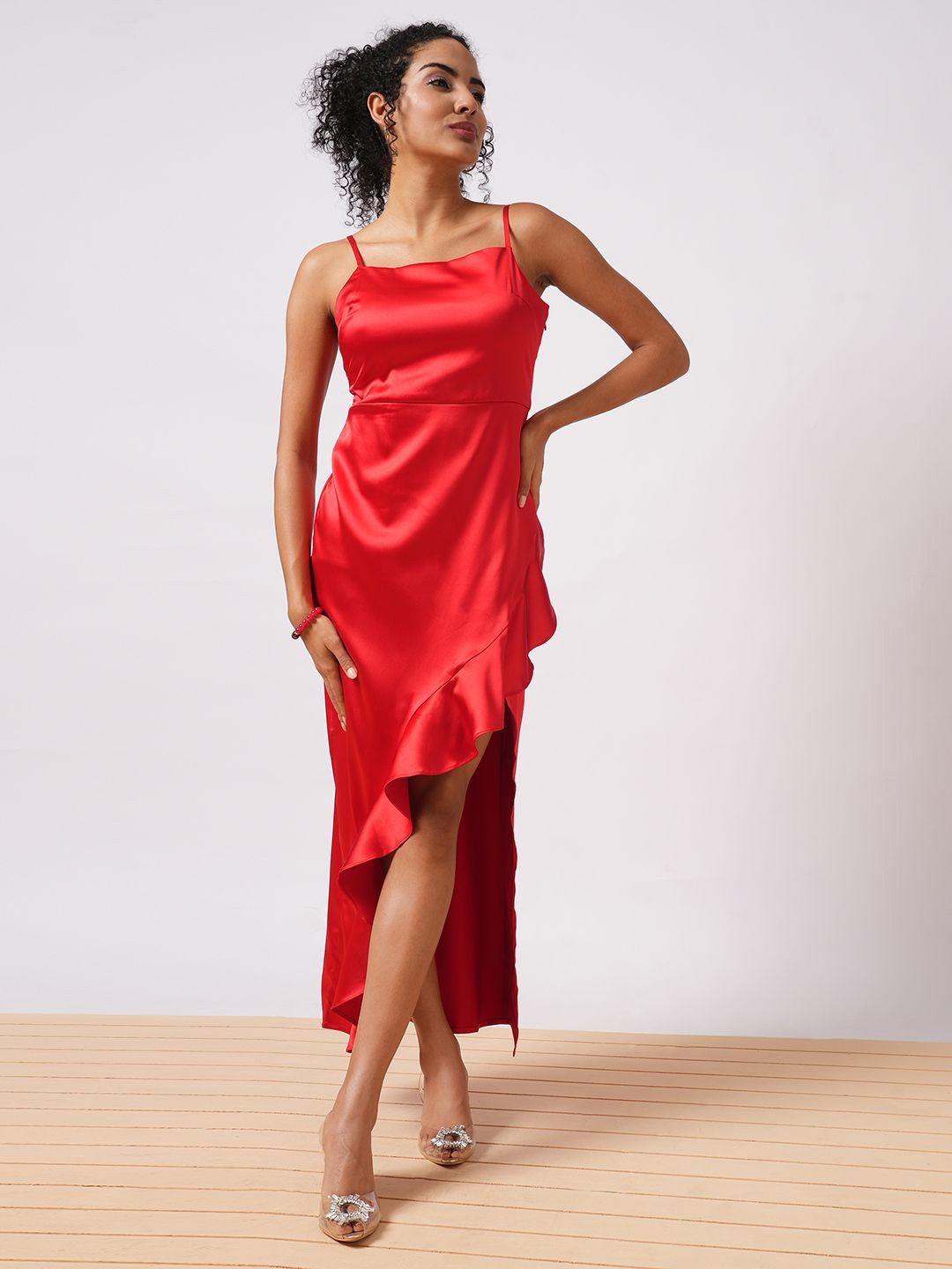 

Globus Women Shoulder Straps Ruffled Maxi Dress, Red