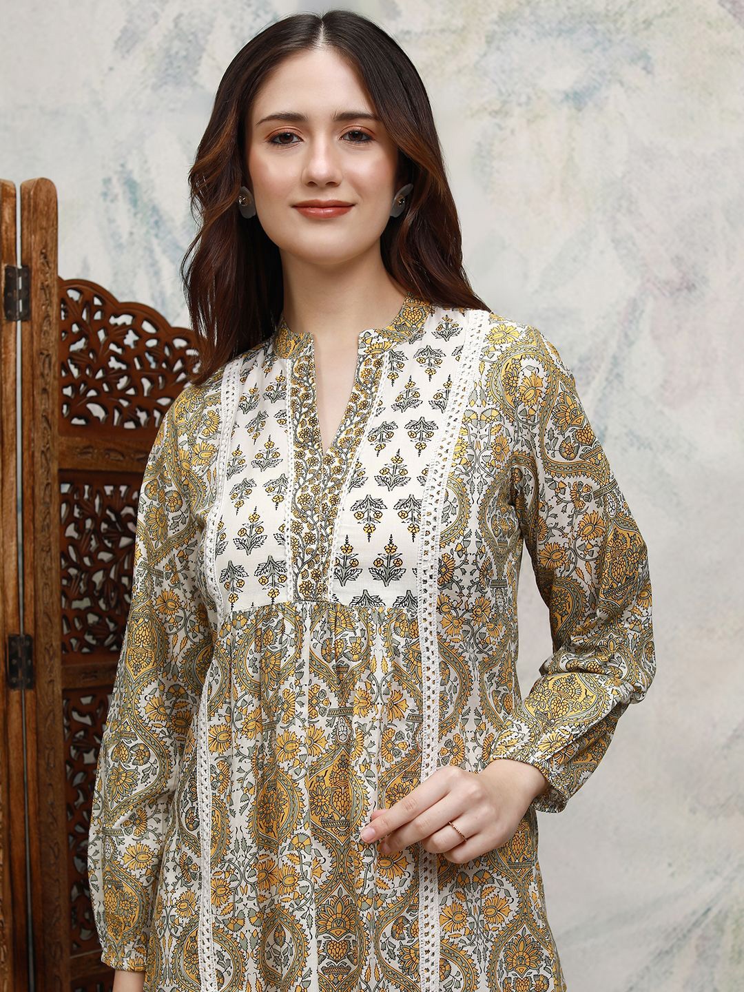 

Vishudh Women Cotton Printed Mandarin Collar Cotton A-Line Top, Mustard