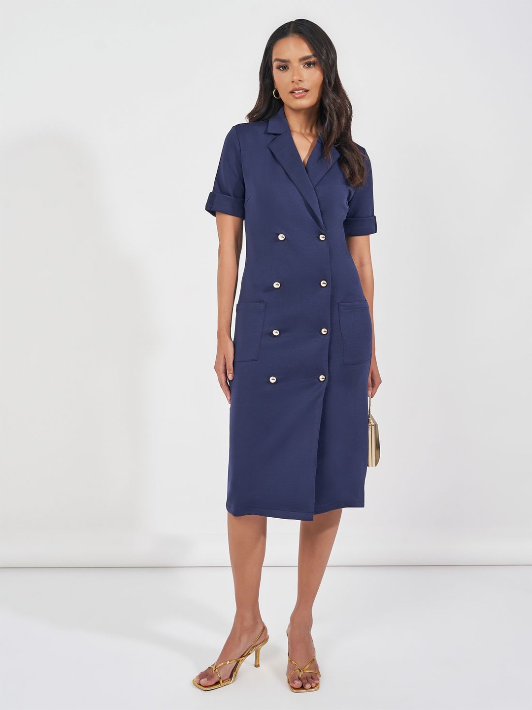 

Styli Women Shirt Collar Midi Dress, Navy blue