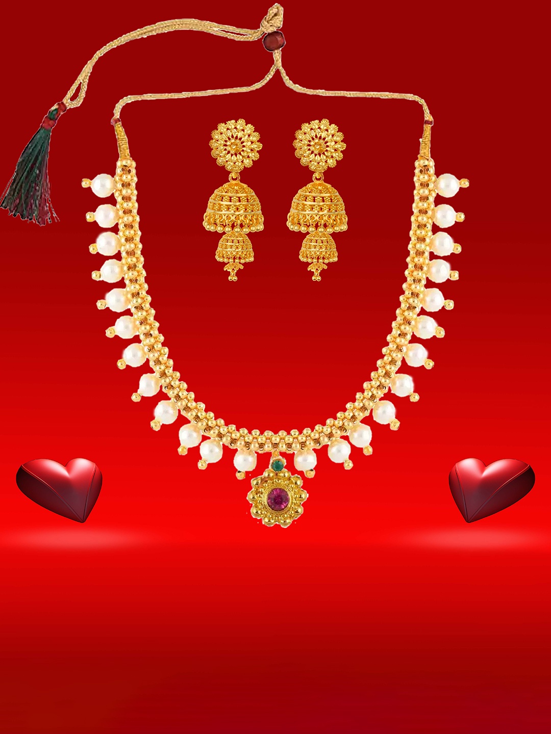 

Heer Collection Gold-Plated Kundan-Studded & Beaded Necklace and Earrings