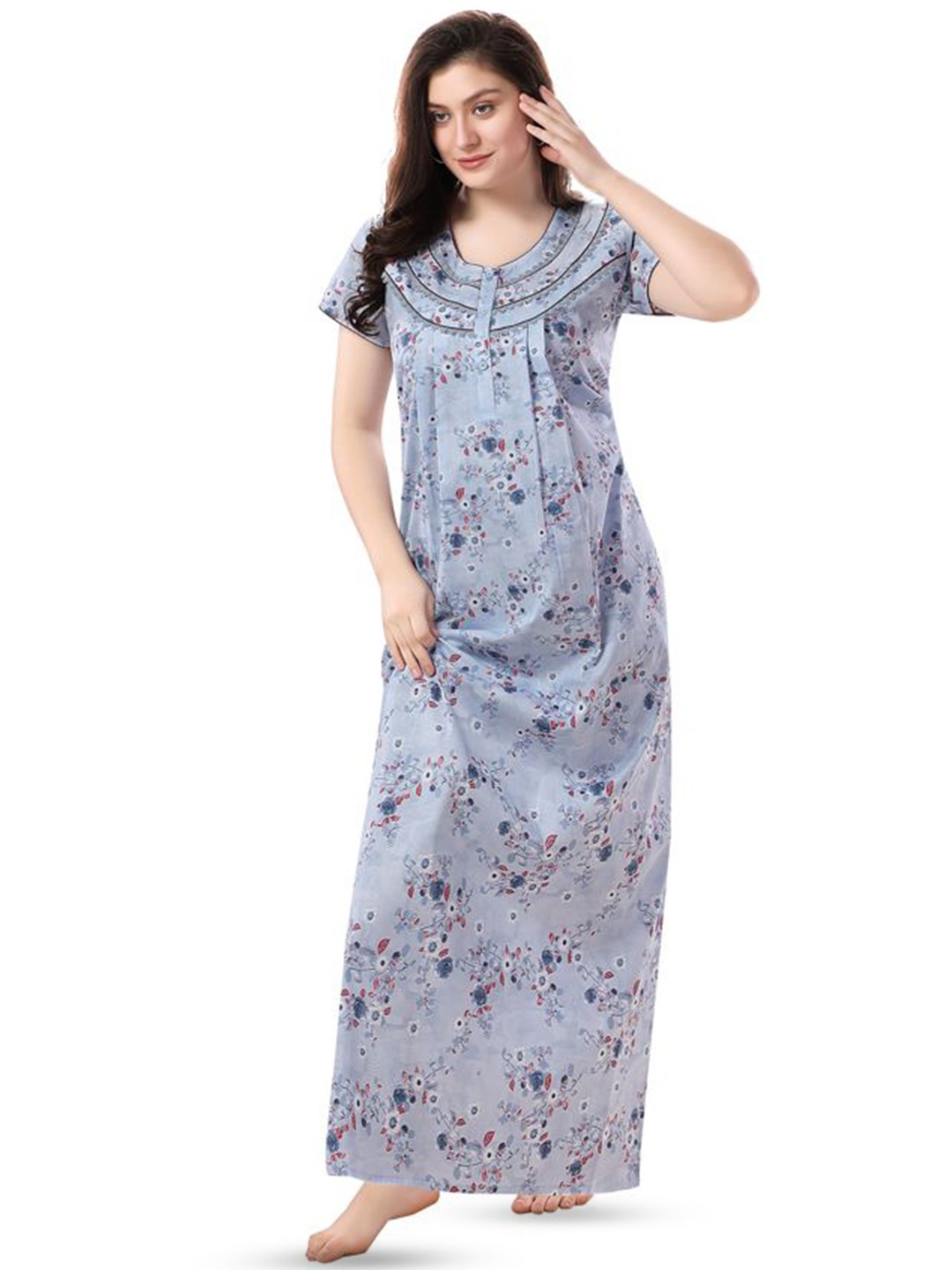 

Soulemo Women Floral Printed Pure Cotton Maxi Nightdress, Blue