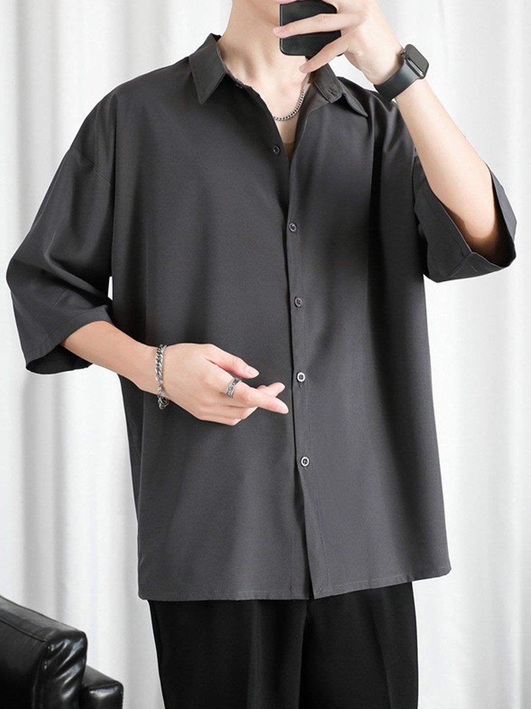 

StyleCast Men Spread Collar Solid Cotton Casual Shirt, Grey