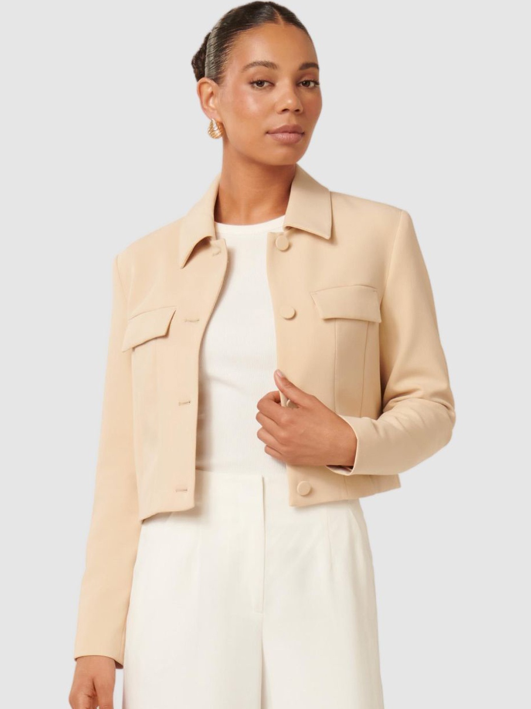 

Forever New Women Spread Collar Solid Casual Tailored Jacket, Cream