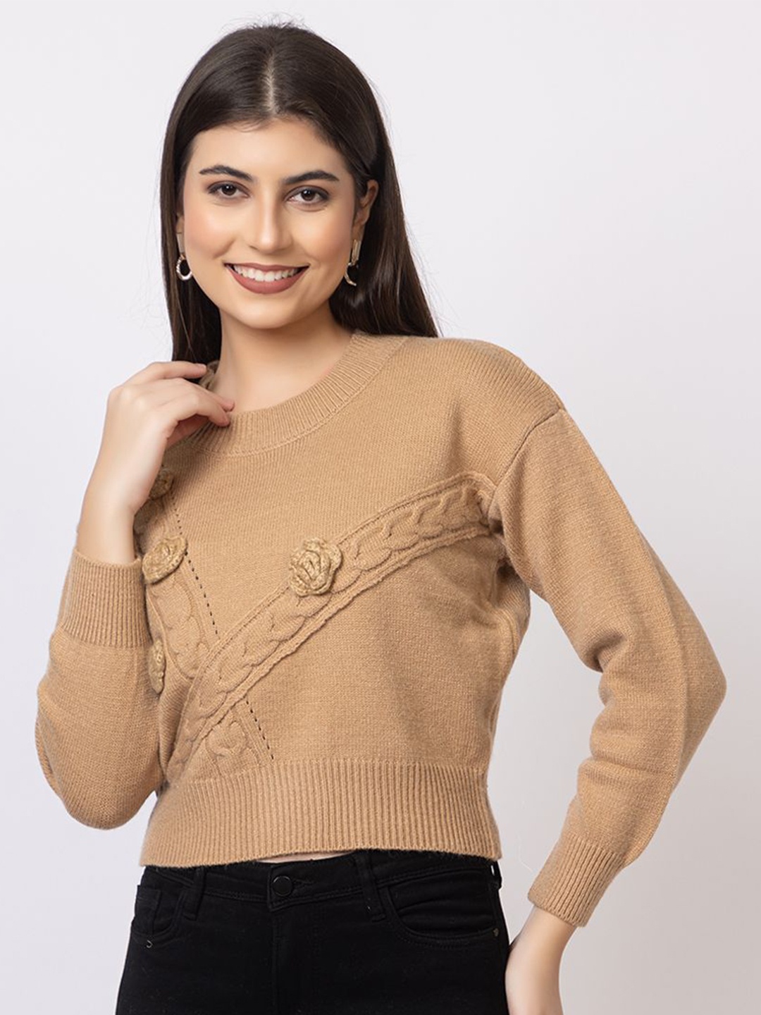 

GFO Women Woollen Self Design Pullover Sweater, Brown