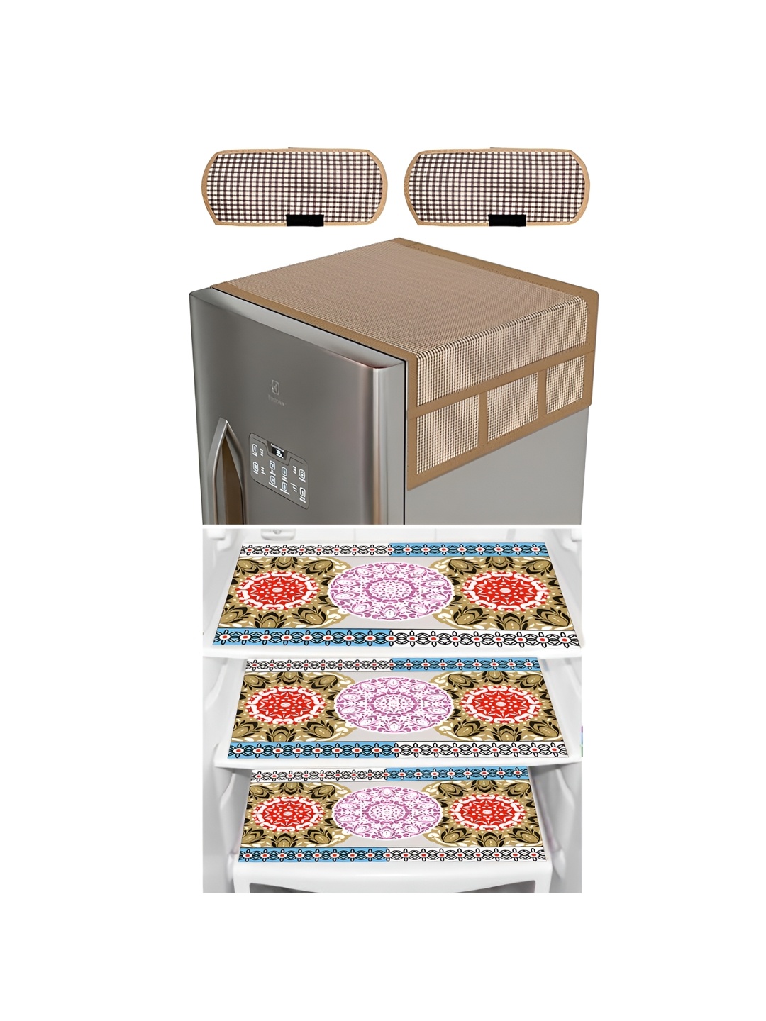 

LooMantha Brown & Pink 6 Pieces Printed Refrigerator Top With Handle Covers & Fridge Mats