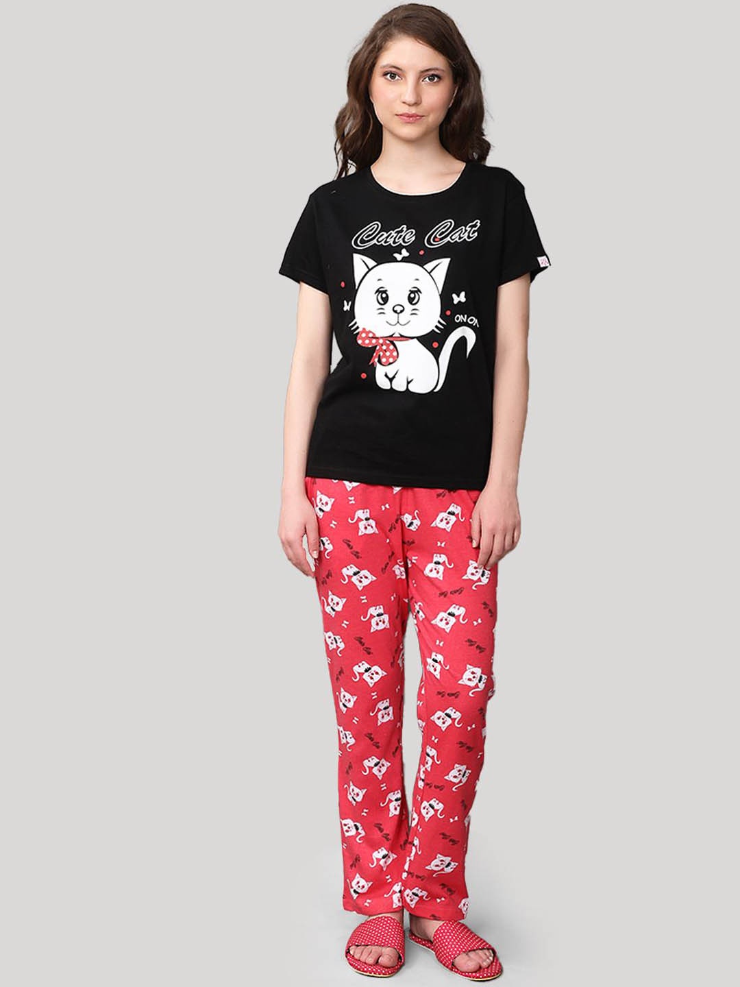 

evolove Women Cotton Printed Night Suit, Black
