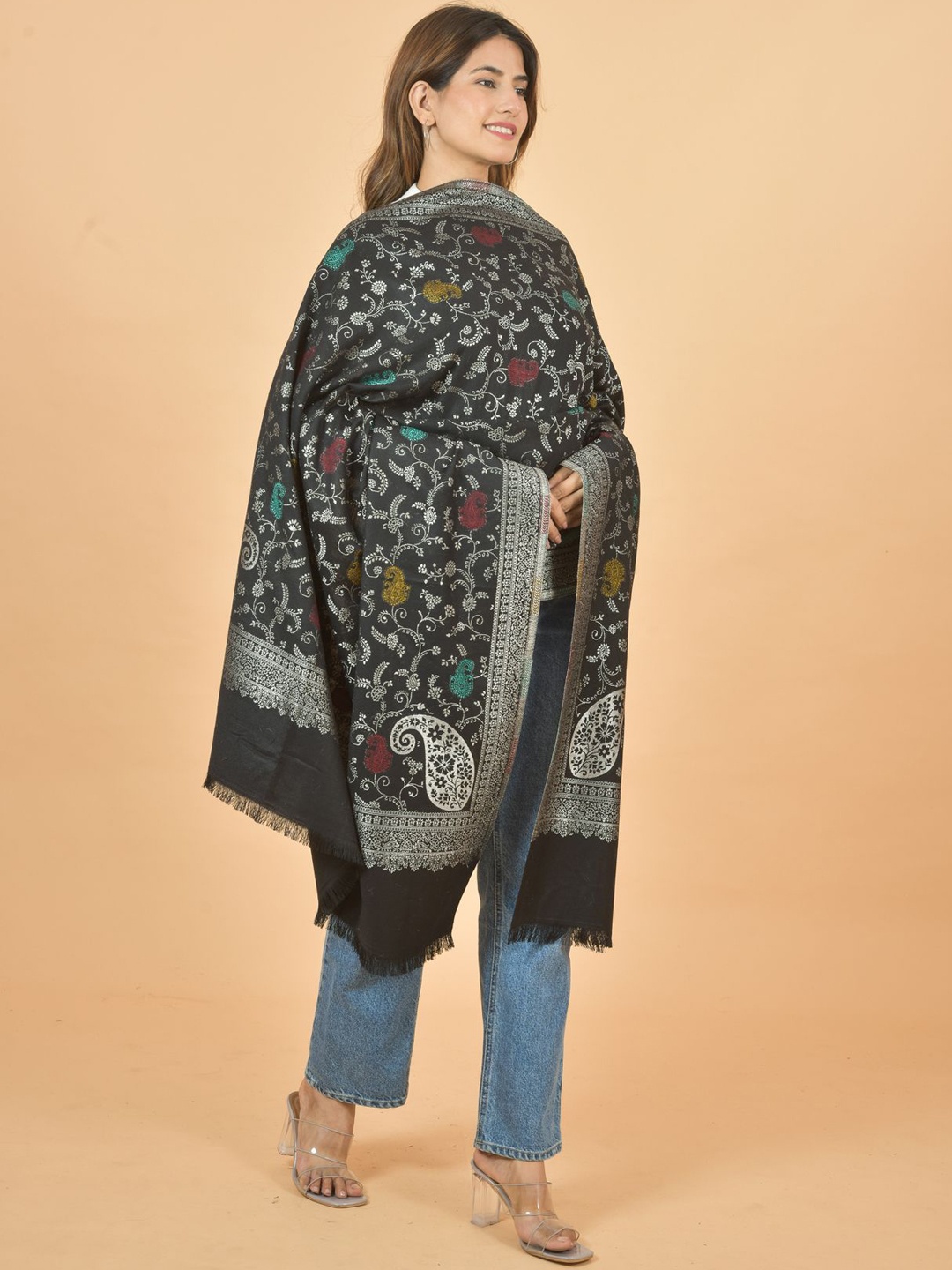 

BAISA Floral Woven Design Shawl, Black