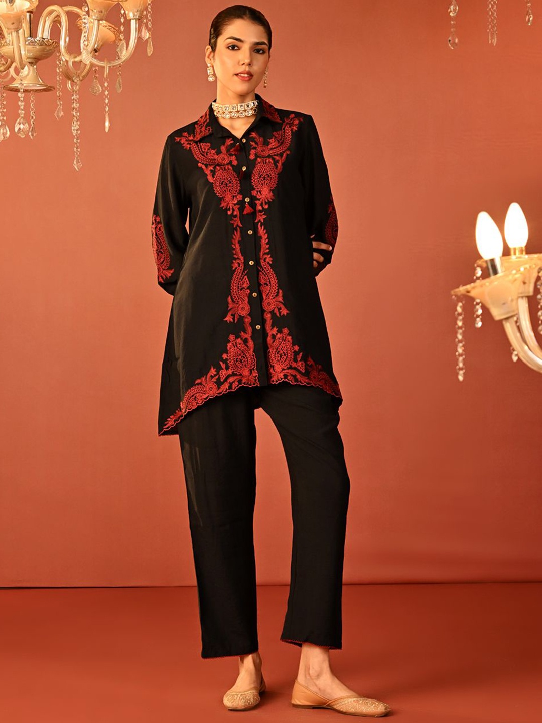 

Lakshita Ethnic Motifs Embroidered Shirt Collar Tunic With Trousers, Black