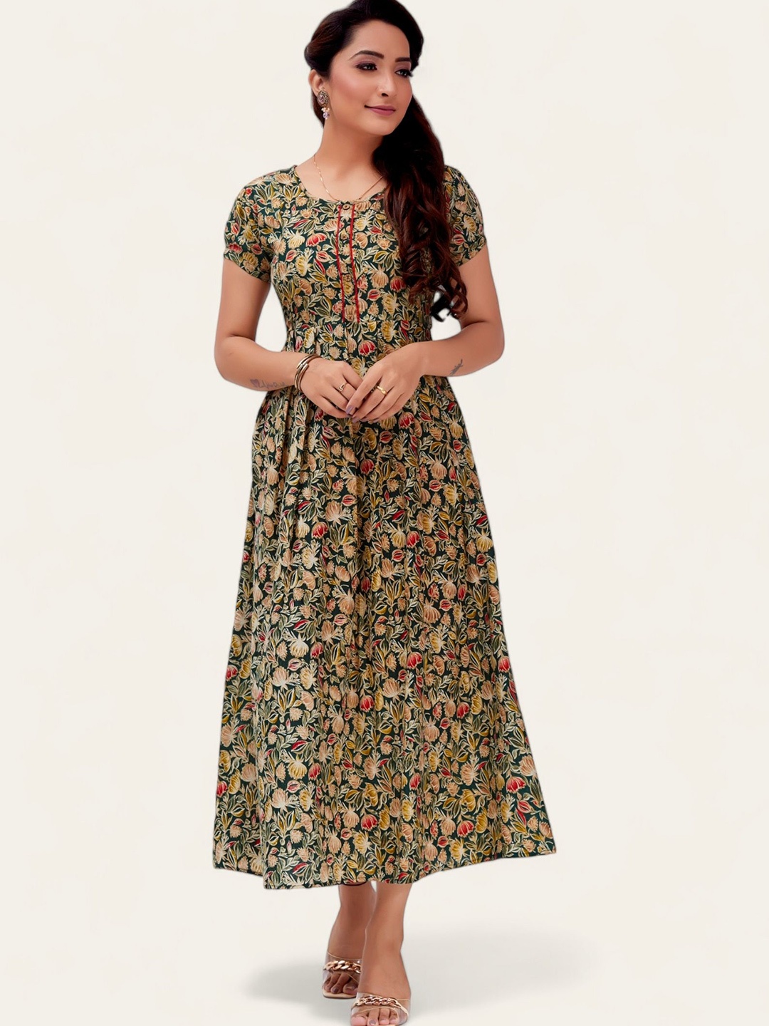 

RITIJYA Women Floral Printed Maternity Fit & Flare Maxi Dress, Green