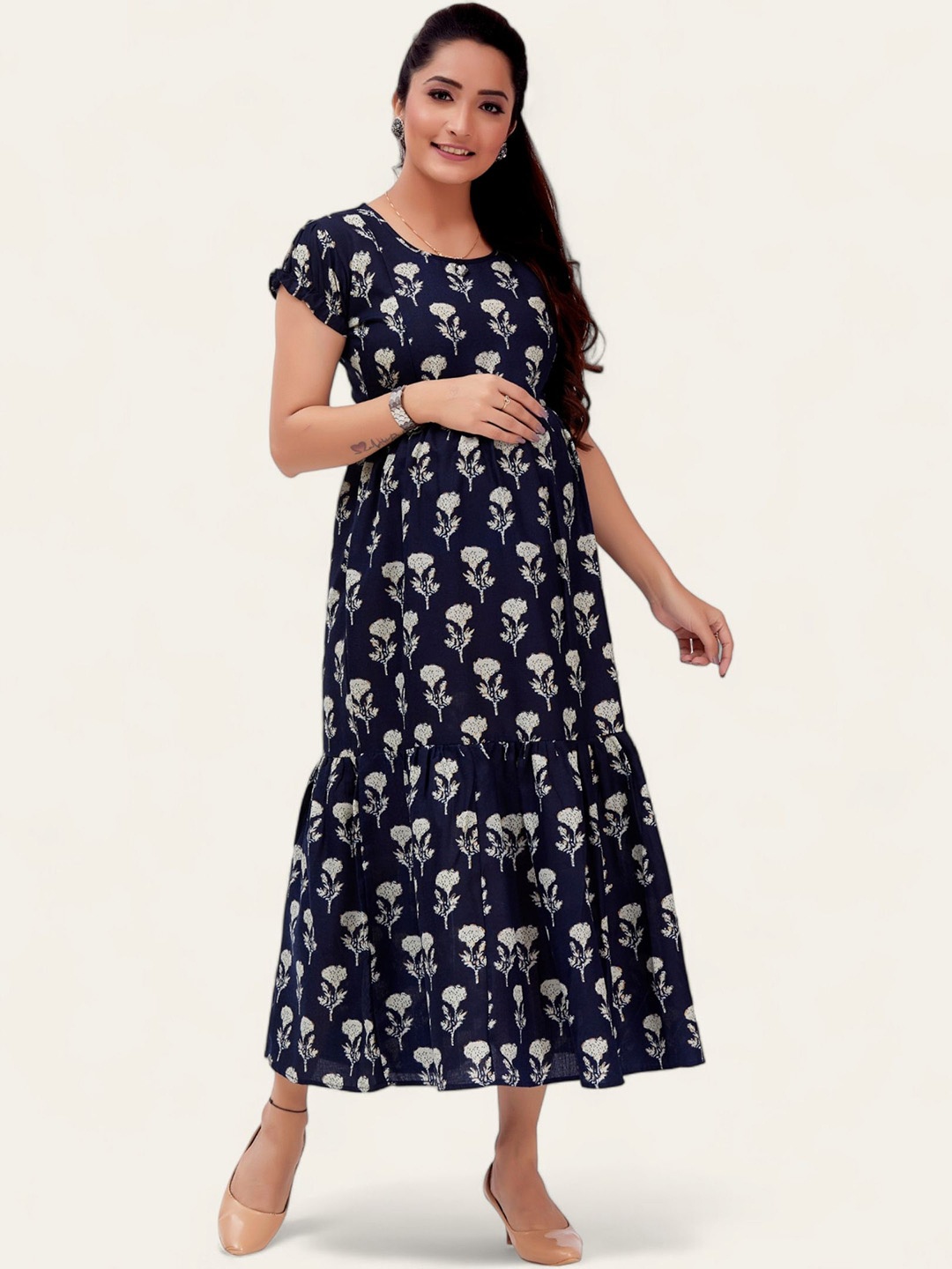 

RITIJYA Women Floral Printed Maternity Fit & Flare Maxi Dress, Blue