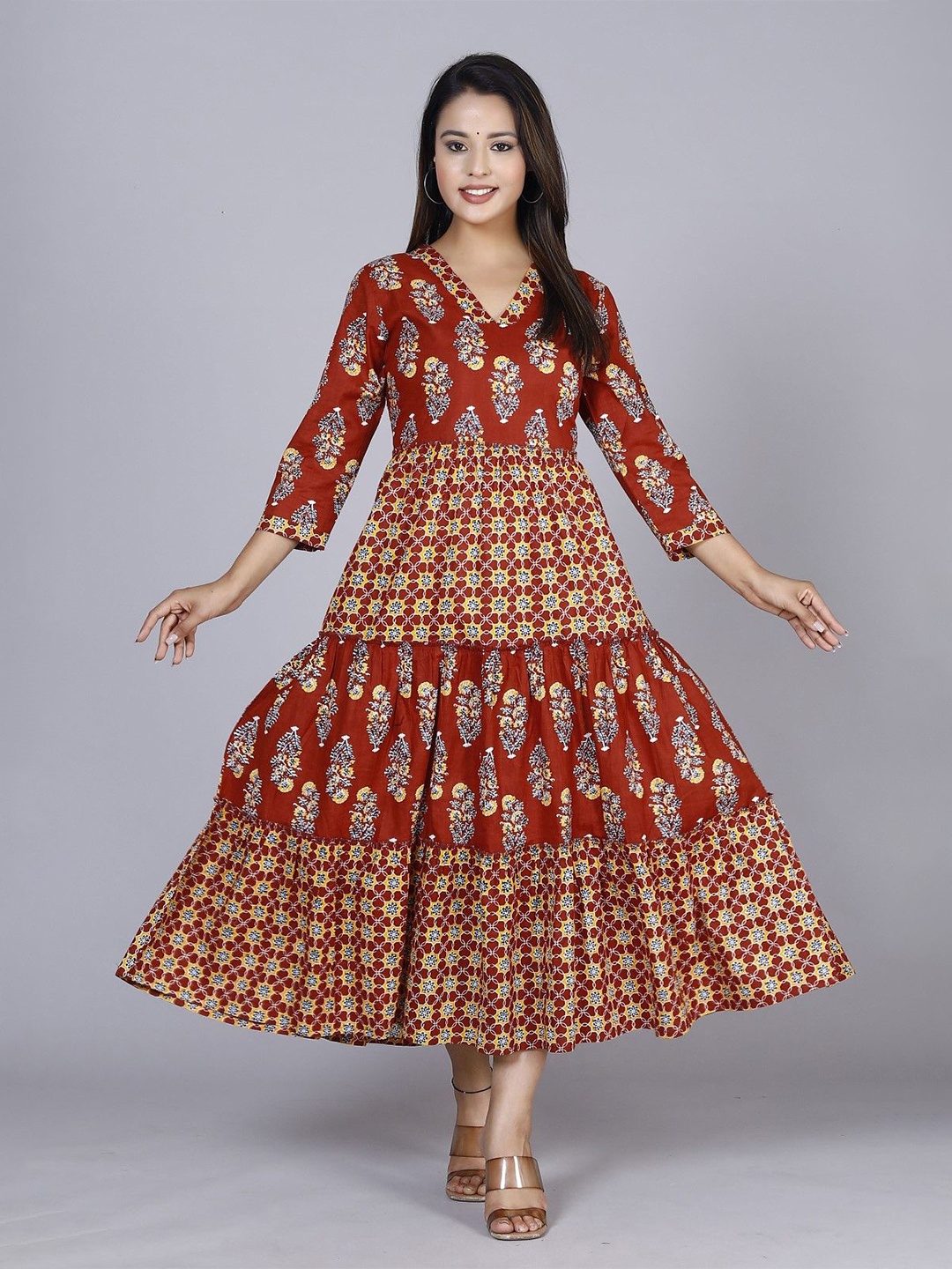 

ANTU KURTIES Ethnic Motifs Printed Fit & Flare Maxi Dress, Rust