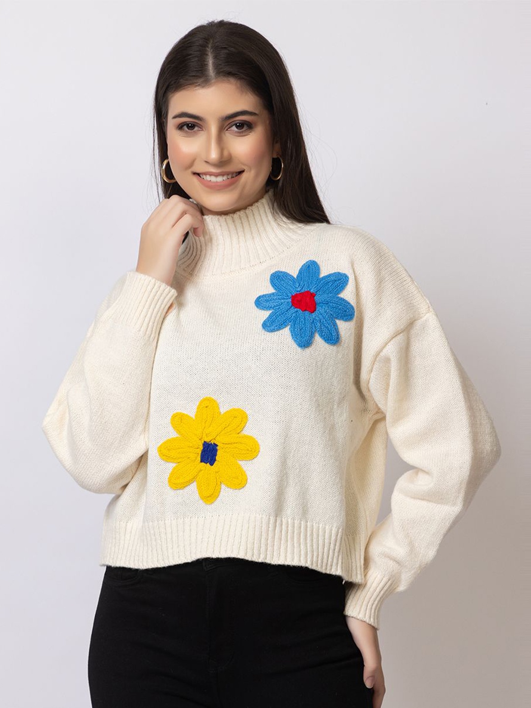 

GFO Women Embroidered Woollen Sweaters, Cream