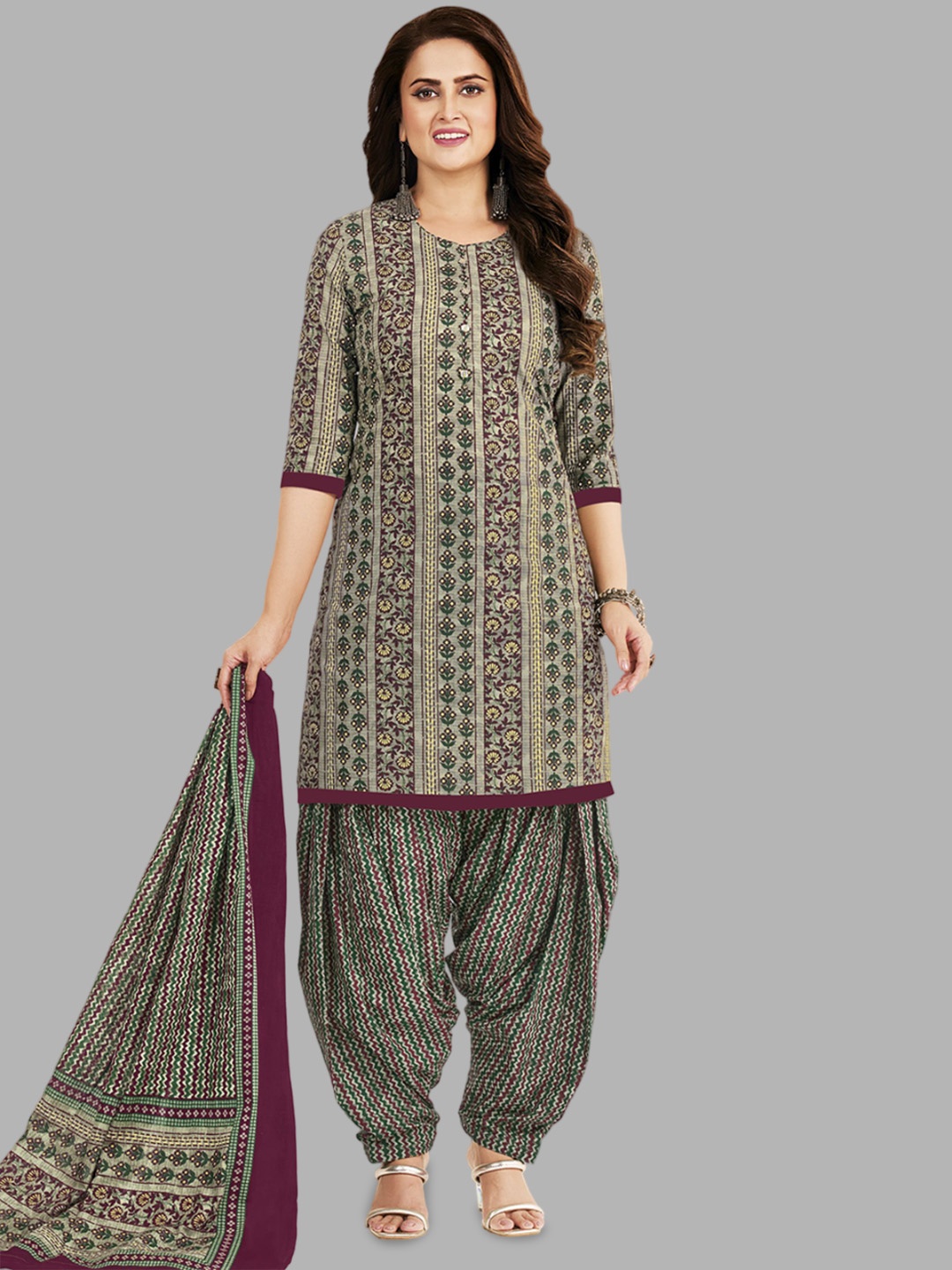 

MIRAAN Floral Printed Pure Cotton Unstitched Dress Material, Green