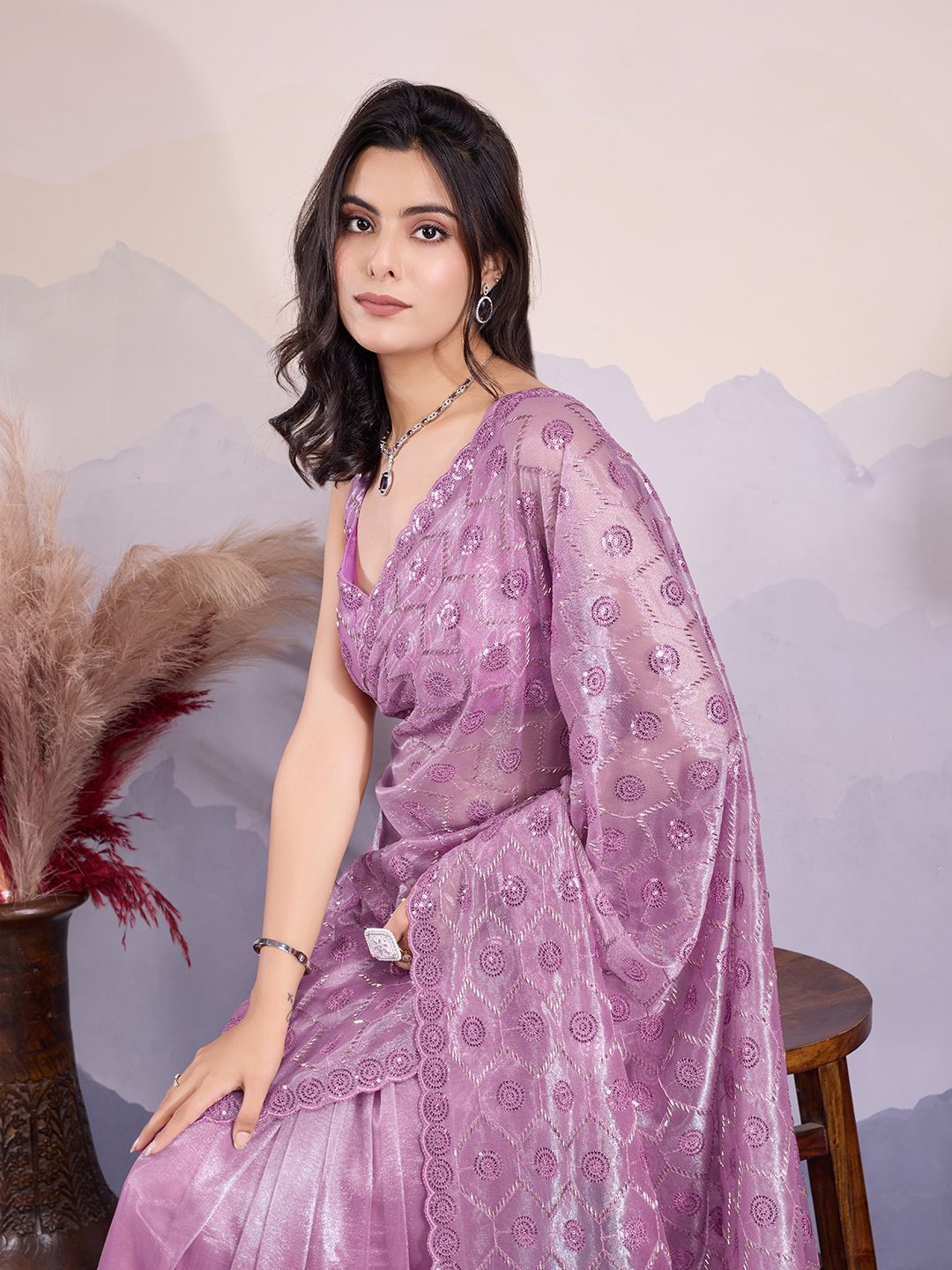 

HERE&NOW Embellished Sequinned Net Saree, Lavender