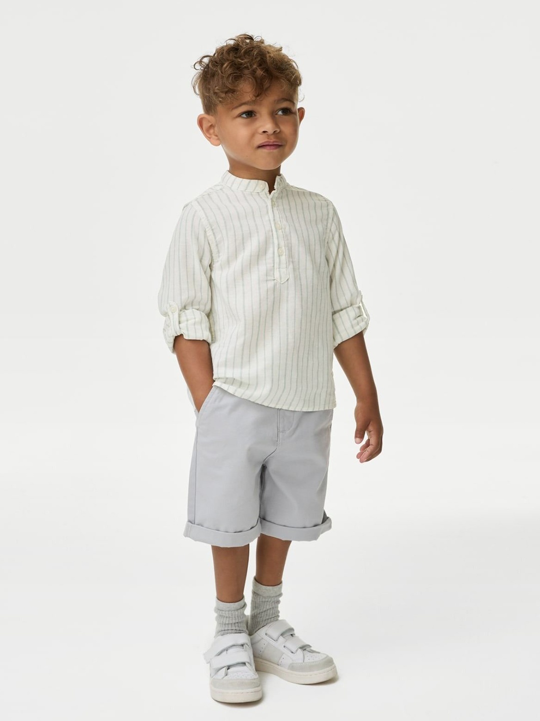 

Marks & Spencer Boys Band Collar Vertical Striped Cotton Casual Shirt, Green