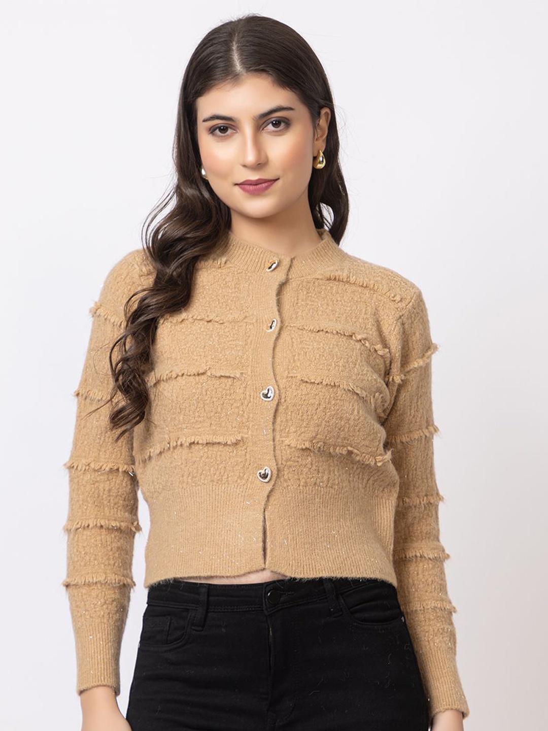 

GFO Women Striped Woollen Cropped fur Cardigan Sweaters, Beige