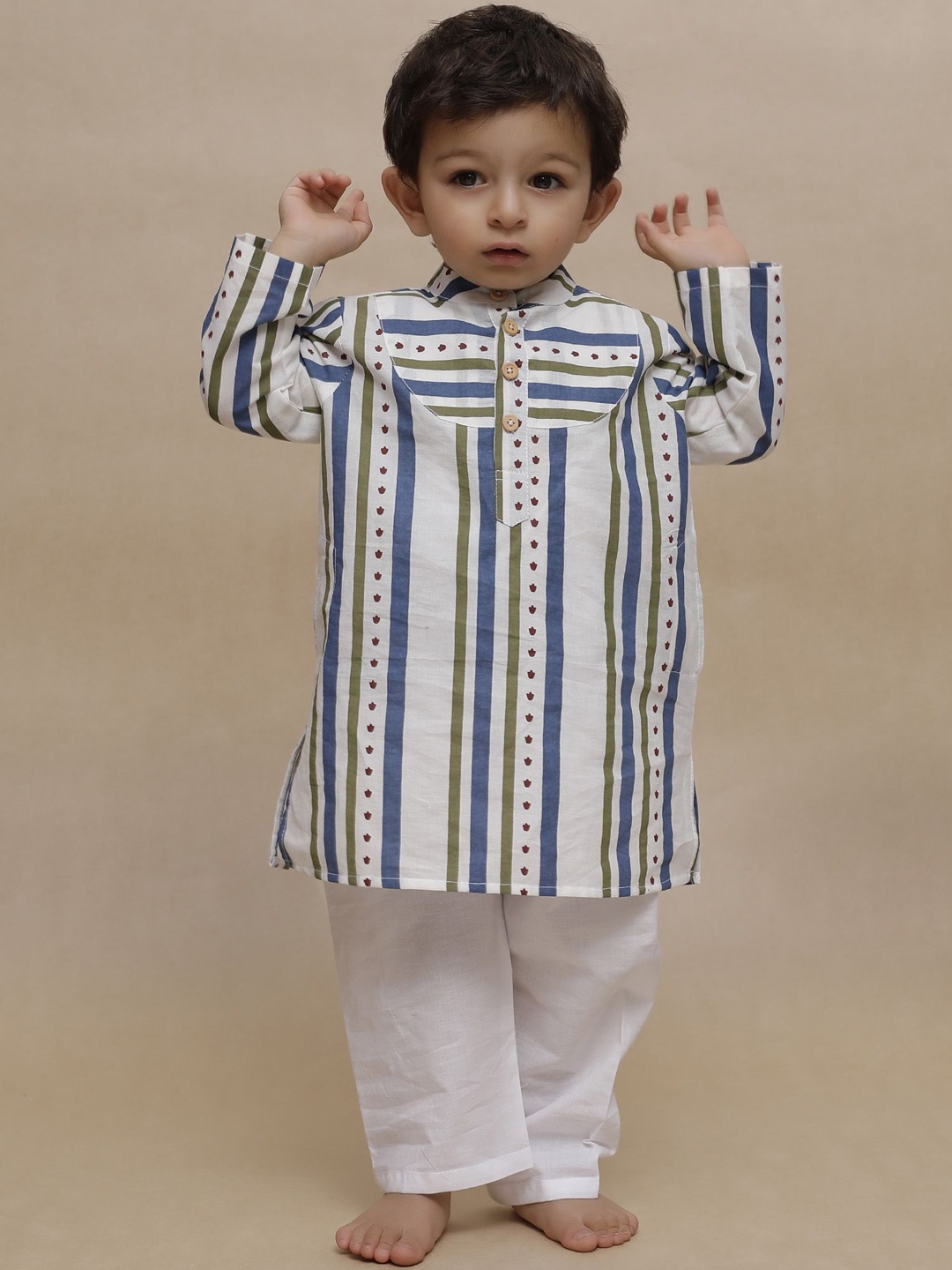 

TJORI Boys Striped Band Collar Pure Cotton Straight Kurta With Pyjamas, White