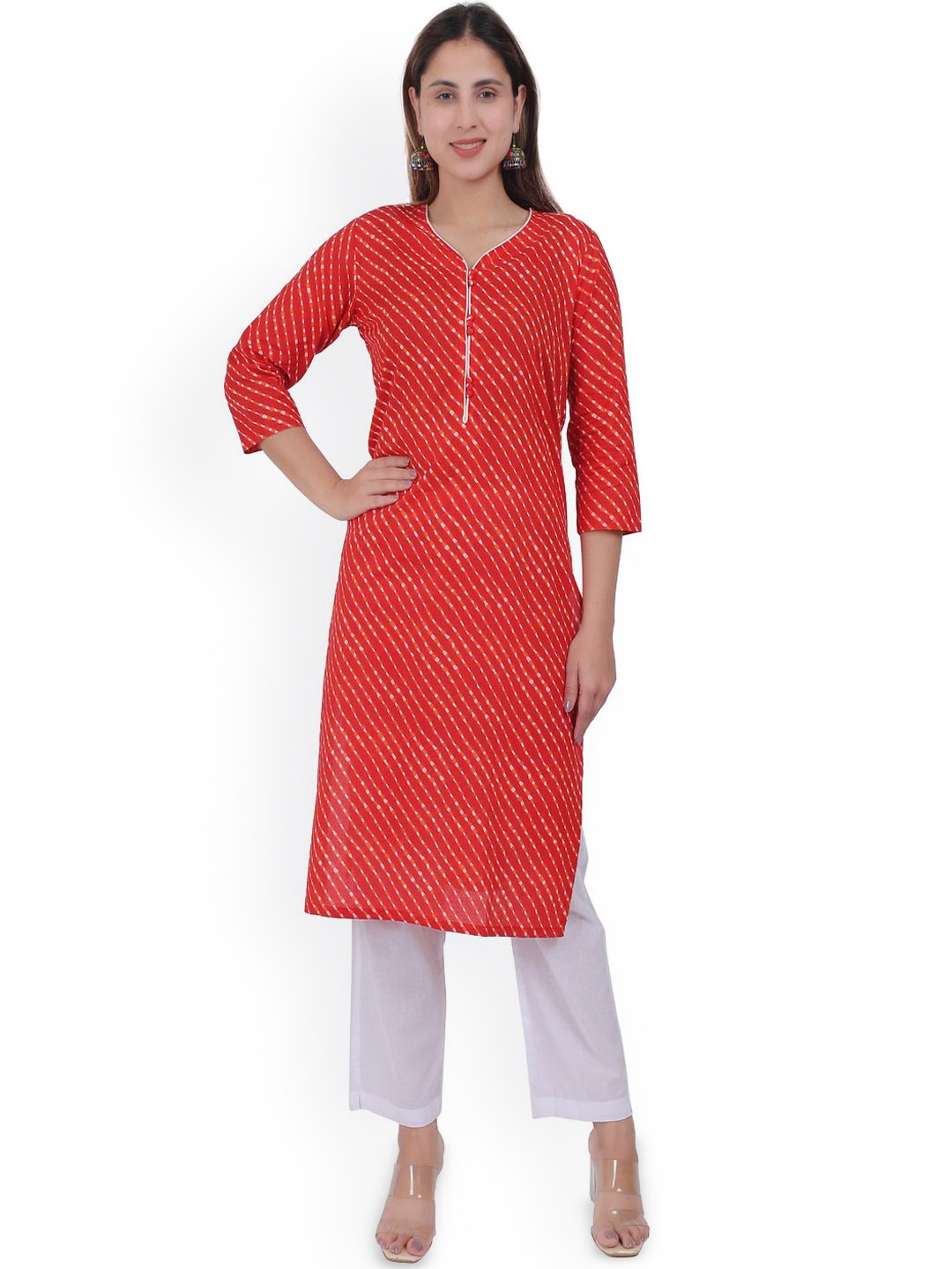 

Anikrriti Leheriya Printed Regular Straight Kurta with Palazzos, Red