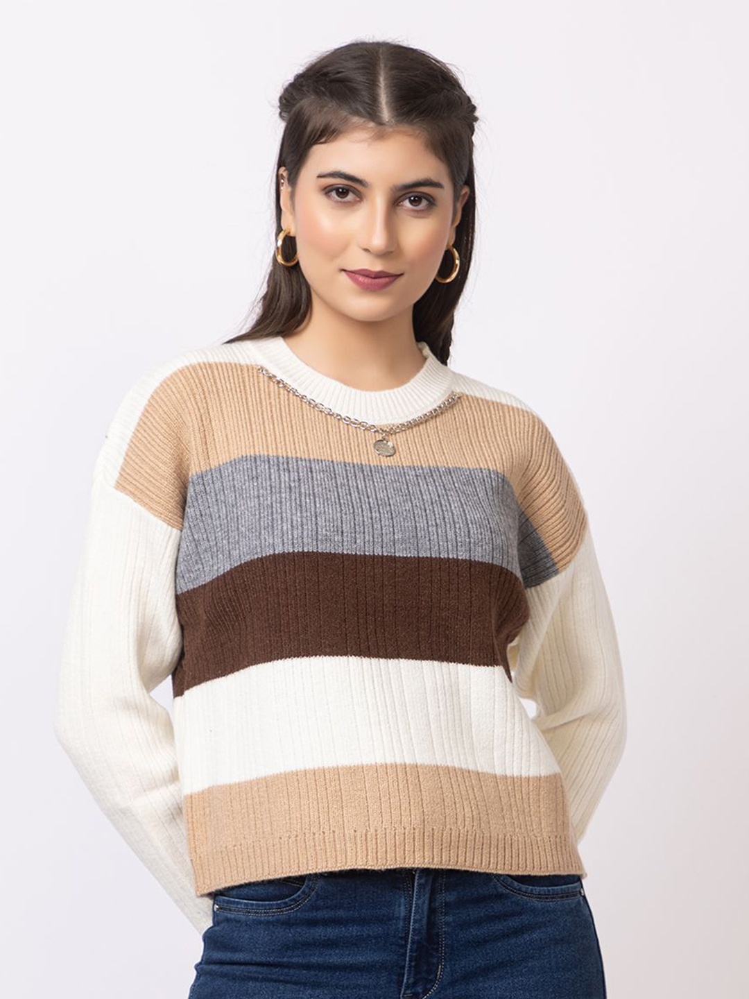 

GFO Women Colourblocked Woollen Pullover, White