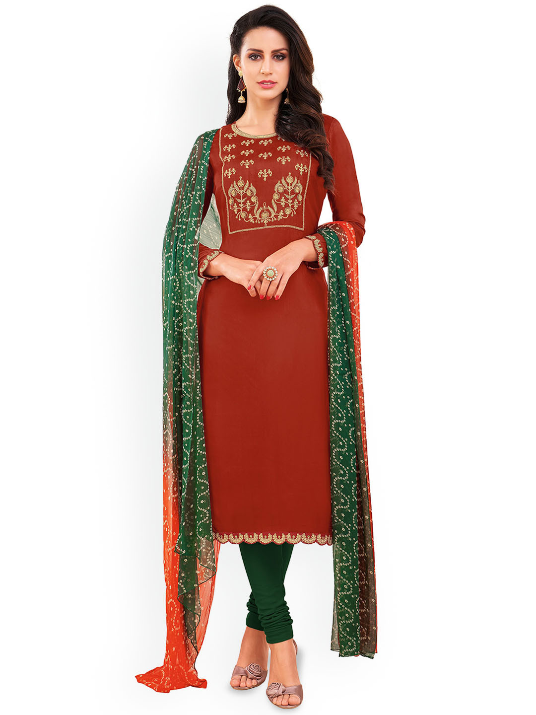 

Maroosh Embellished Sequinned Unstitched Dress Material, Rust