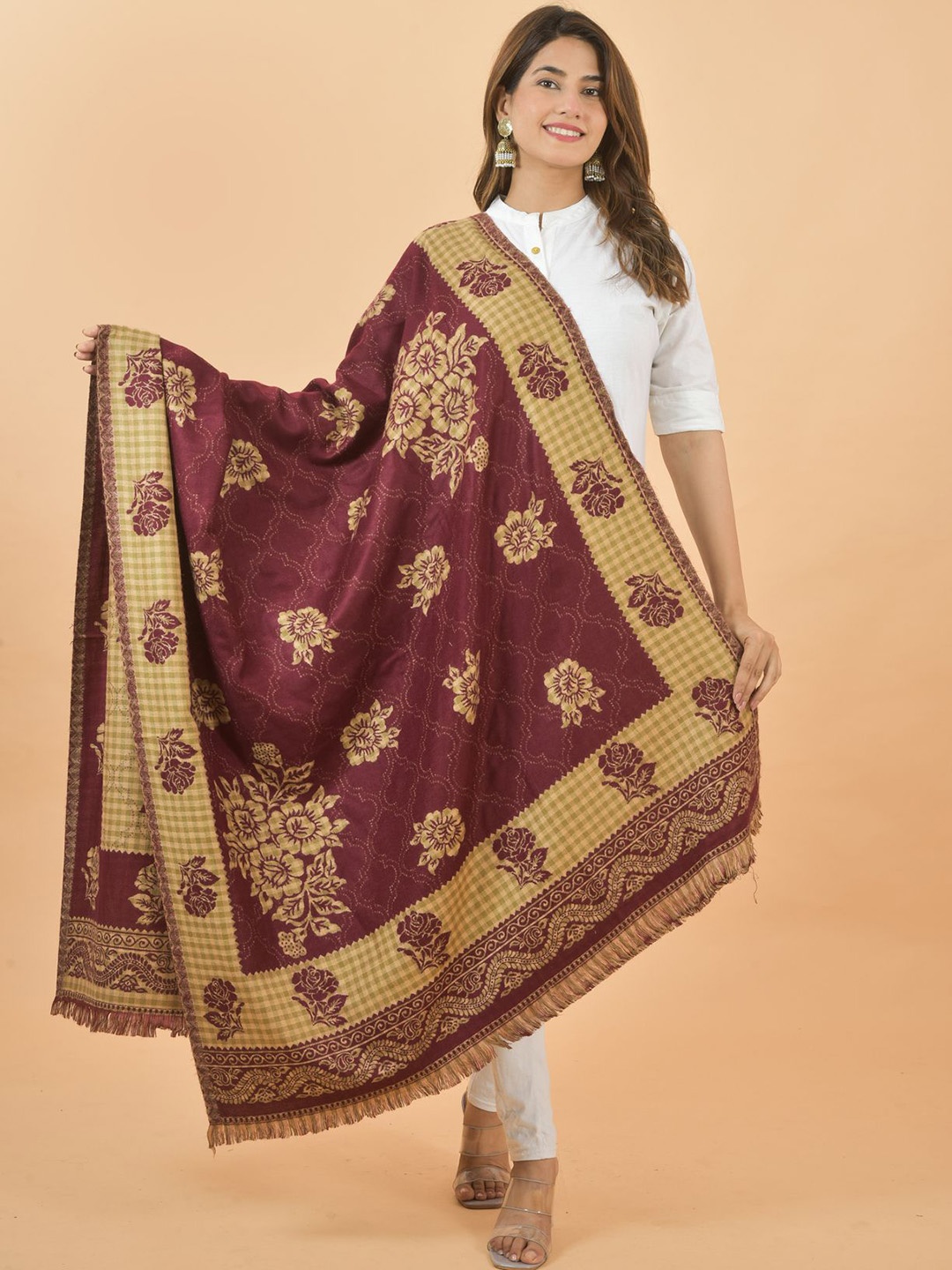 

BAISA Ethnic Motifs Woven Design Woollen Reversible Shawl, Coffee brown