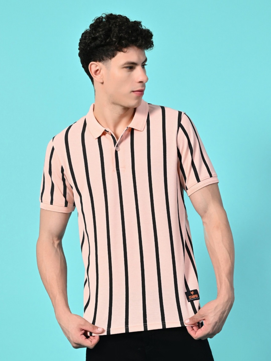 

STARFOX Men Striped Polo Collar Cotton Slim Fit T-shirt, Pink