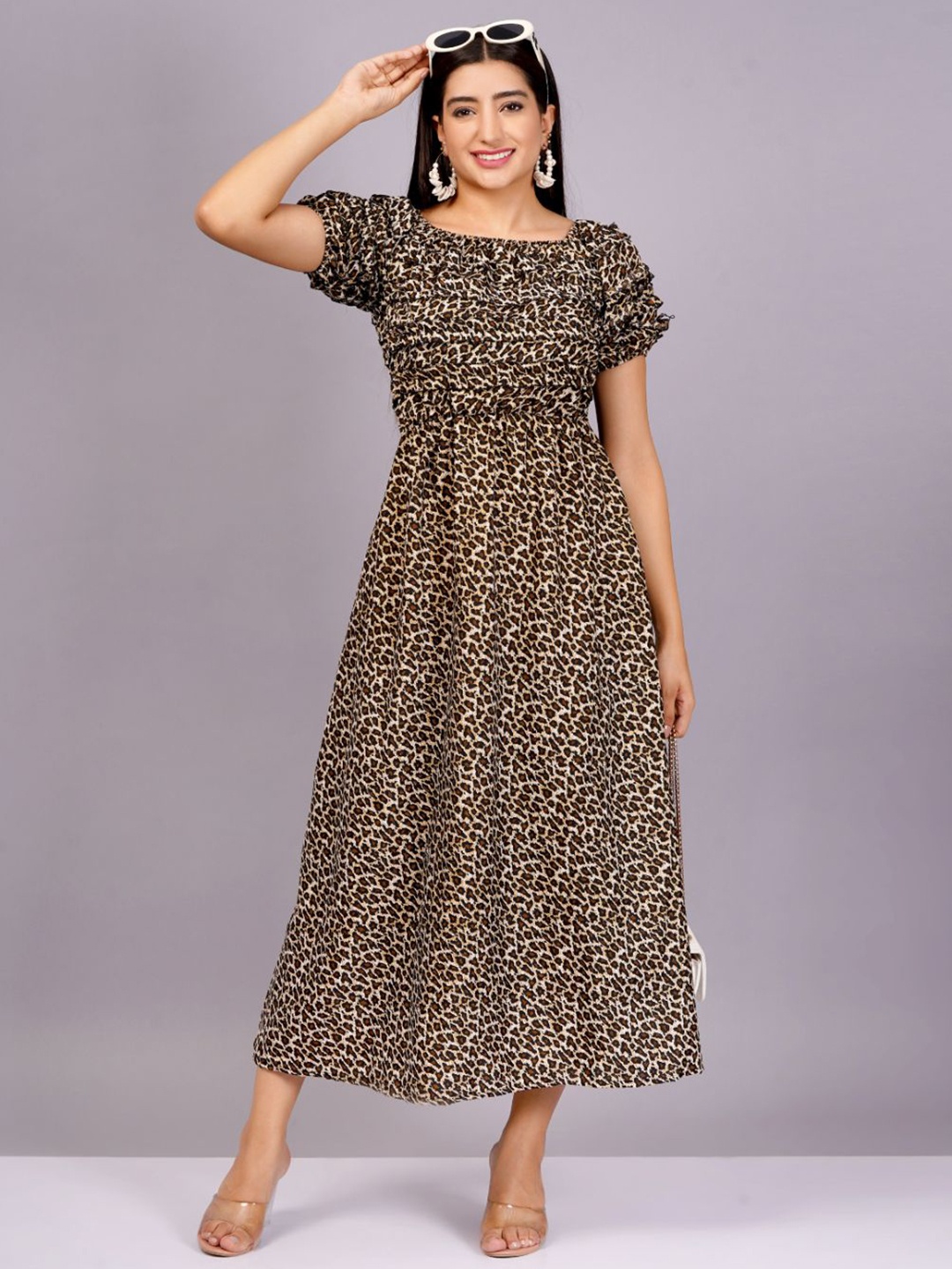 

BAESD Women Self Design Round Neck Crepe Fit & Flare Midi Dress, Brown